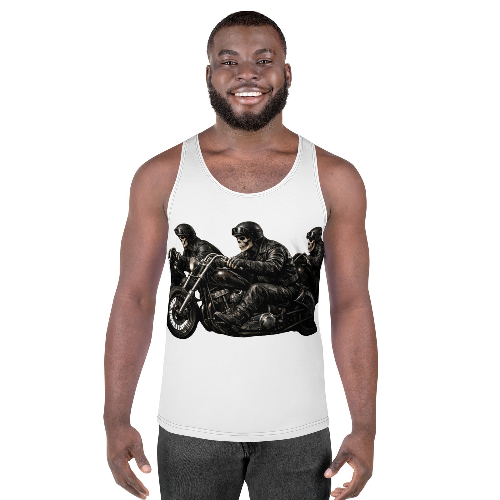 Męski tank top „Szkielet Motocyklista” – koszulka męska bez rękawów z grafiką szkieletu jadącego na motocyklu| Zarn.pl Koszulka męska bez rękawów z grafiką szkieletu jadącego na motocyklu