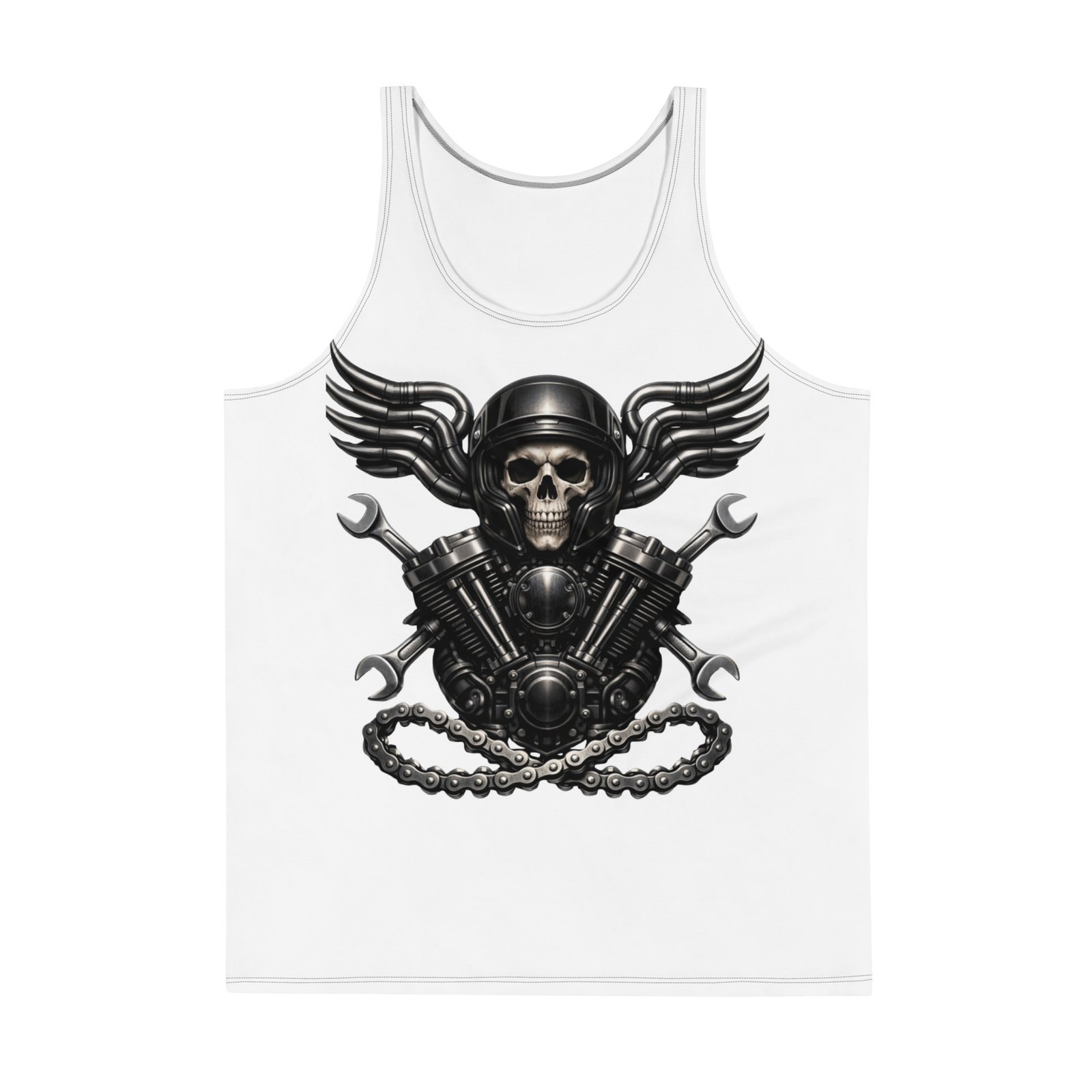 Męski tank top „Mechaniczna Czaszka” – koszulka męska bez rękawów z grafiką czaszki w kasku i silnika V-Twin| Zarn.pl Męski tank top „Mechaniczna Czaszka” – koszulka męska bez rękawów z grafiką czaszki w kasku i silnika V-Twin - obrazek 2