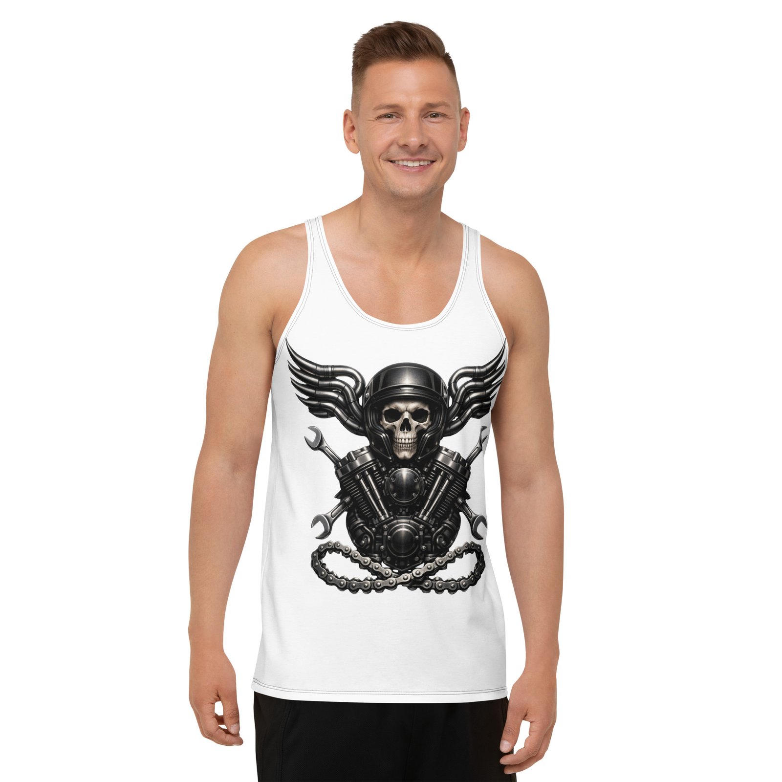 Męski tank top „Mechaniczna Czaszka” – koszulka męska bez rękawów z grafiką czaszki w kasku i silnika V-Twin| Zarn.pl koszulka męska bez rękawów z grafiką czaszki w kasku i silnika V-Twin