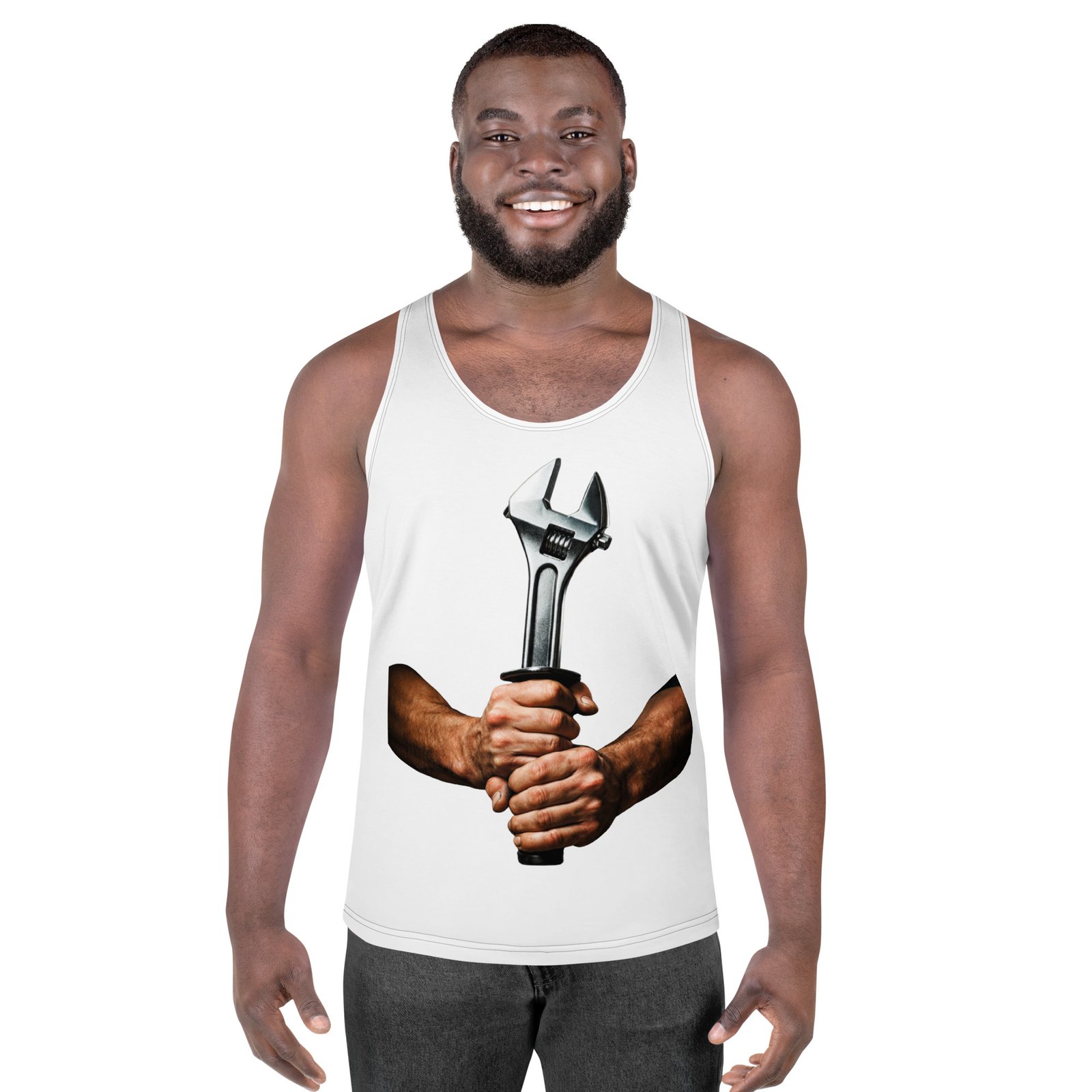 Męski tank top „Klucz Nastawny” – koszulka męska bez rękawów z grafiką klucza nastawnego| Zarn.pl koszulka męska bez rękawów z grafiką klucza nastawnego