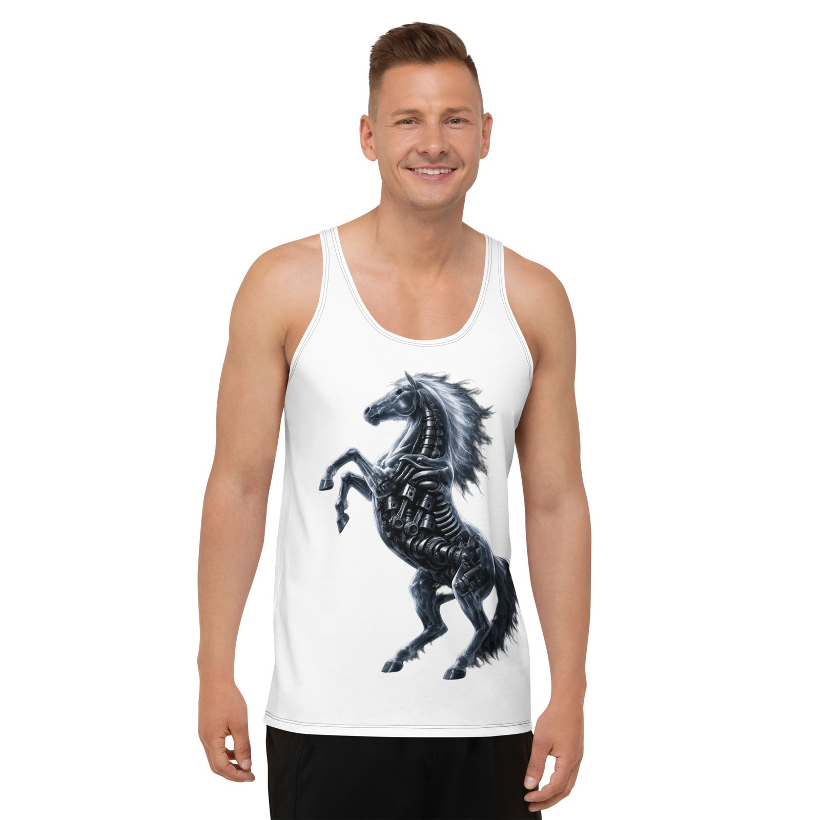 Męski tank top „Mechaniczny Rumak” – koszulka męska bez rękawów z grafiką mechanicznego konia| Zarn.pl koszulka męska bez rękawów z grafiką mechanicznego konia