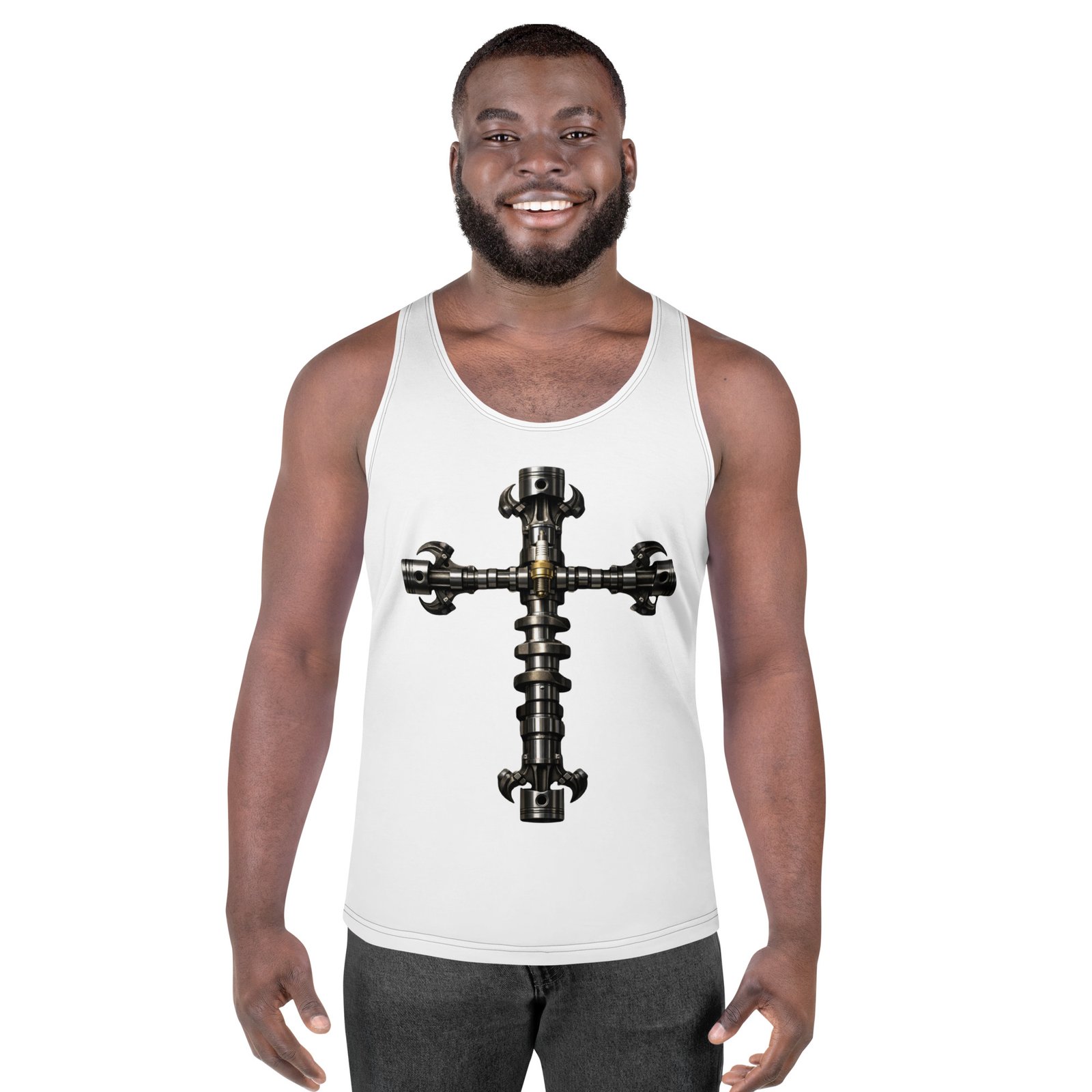 Męski tank top „Mechaniczny Krzyż” – koszulka męska bez rękawów z grafiką krzyża z wału korbowego| Zarn.pl koszulka męska bez rękawów z grafiką krzyża z wału korbowego