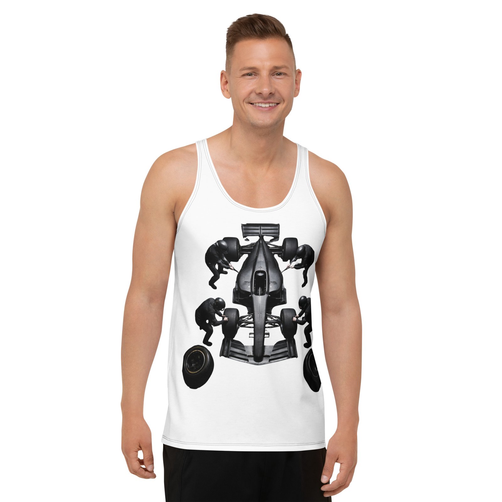 Męski tank top „Pit Stop Formula” – koszulka męska bez rękawów z grafiką bolidu wyścigowego| Zarn.pl koszulka męska bez rękawów z grafiką bolidu wyścigowego