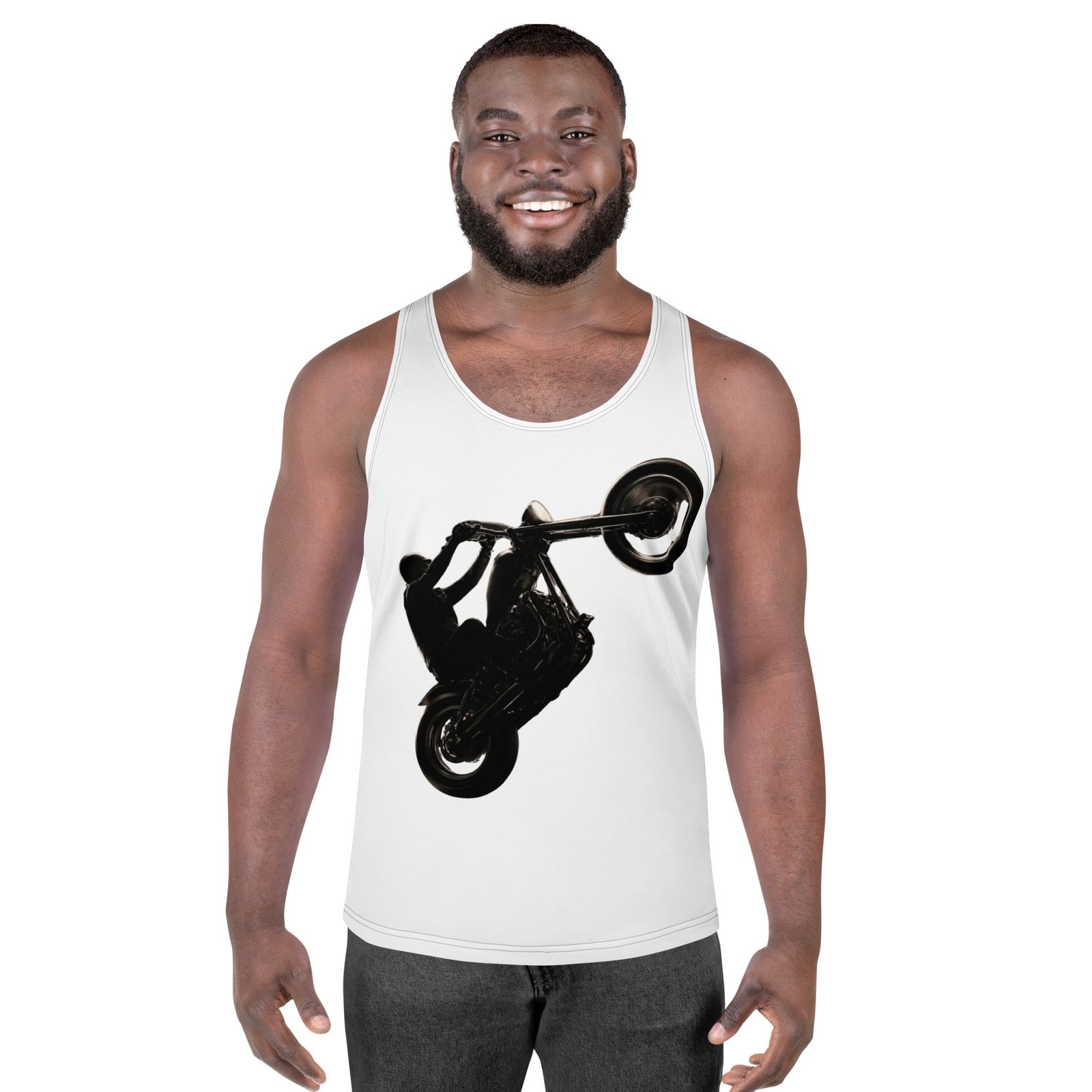 Męski tank top „Wheelie Power” – koszulka męska bez rękawów z grafiką motocykla na jednym kole| Zarn.pl koszulka męska bez rękawów z grafiką motocykla na jednym kole