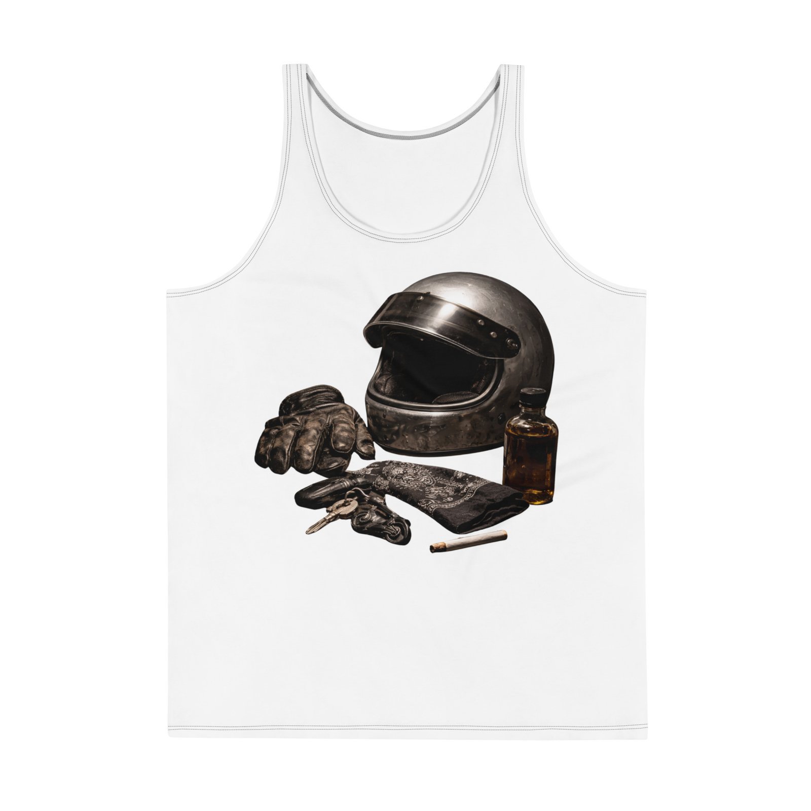 Męski tank top „Moto Essentials” – koszulka męska bez rękawów z grafiką kasku motocyklowego i akcesoriów| Zarn.pl Męski tank top „Moto Essentials” – koszulka męska bez rękawów z grafiką kasku motocyklowego i akcesoriów - obrazek 2