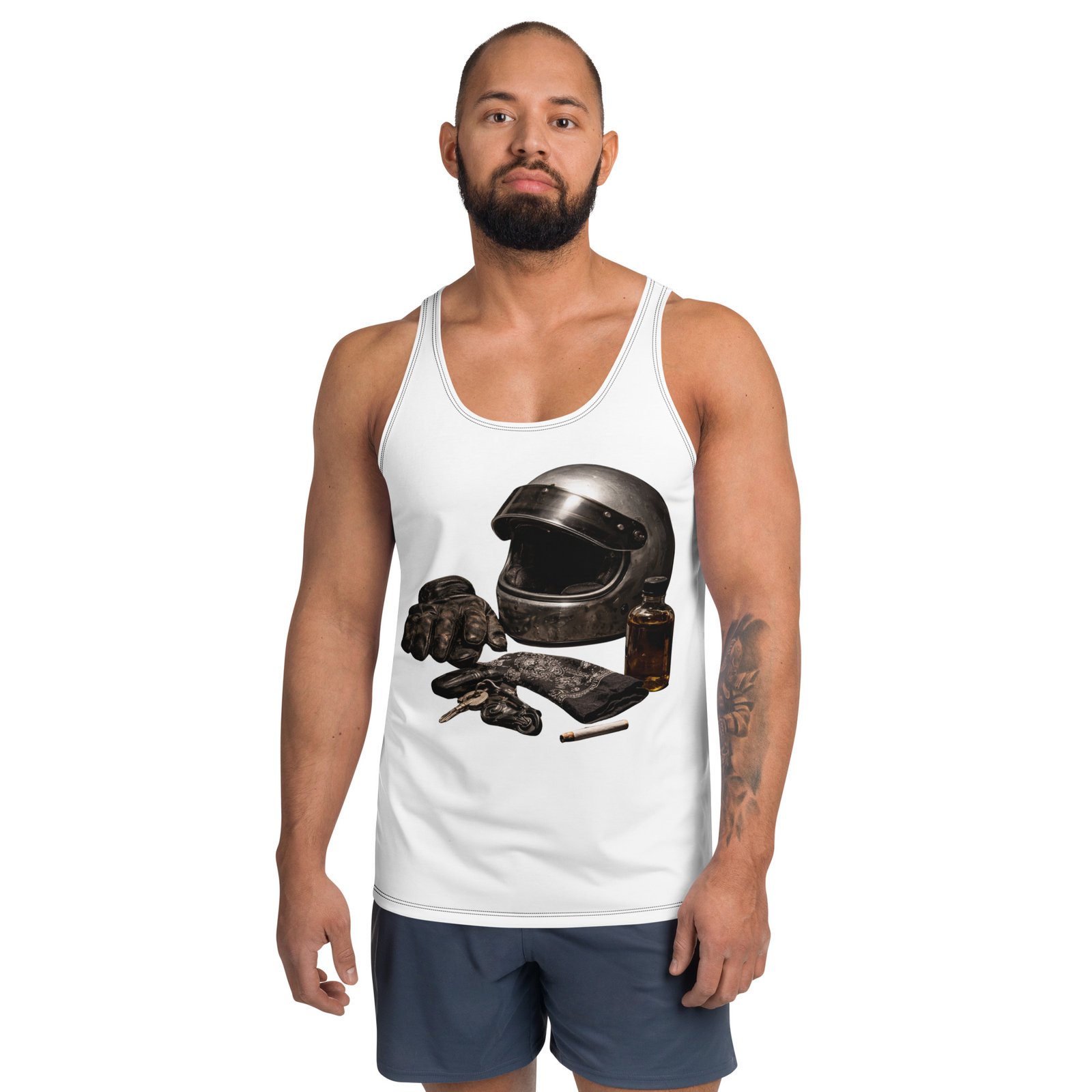 Męski tank top „Moto Essentials” – koszulka męska bez rękawów z grafiką kasku motocyklowego i akcesoriów| Zarn.pl koszulka męska bez rękawów z grafiką kasku motocyklowego i akcesoriów
