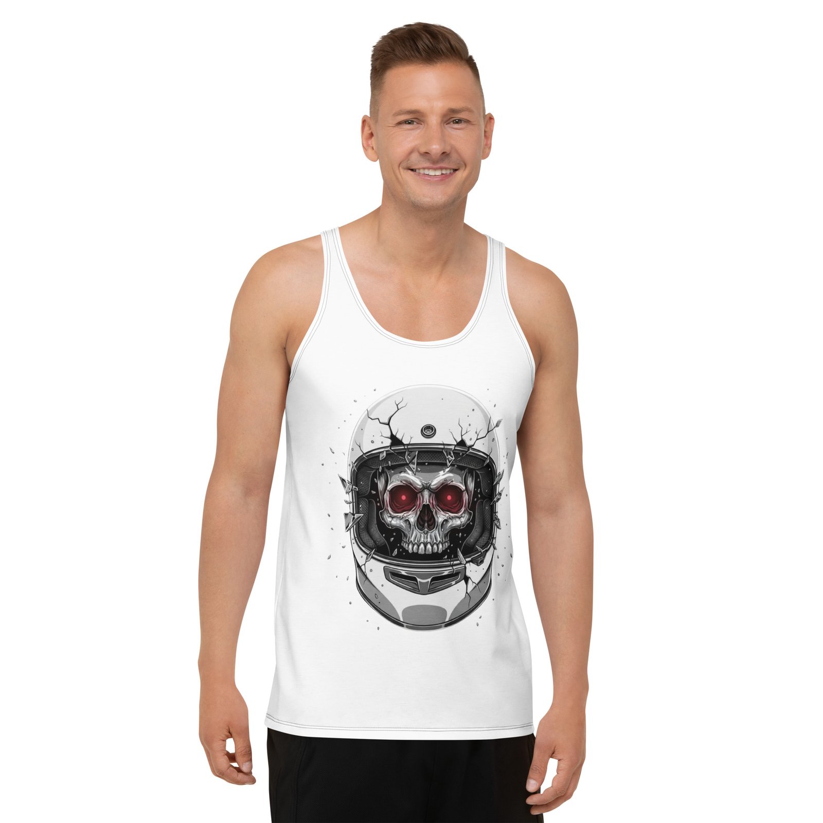 Męski tank top z grafiką czaszki w kasku motocyklowym – koszulka męska biker skull| Zarn.pl koszulka męska biker skull z czaszką w kasku motocyklowym