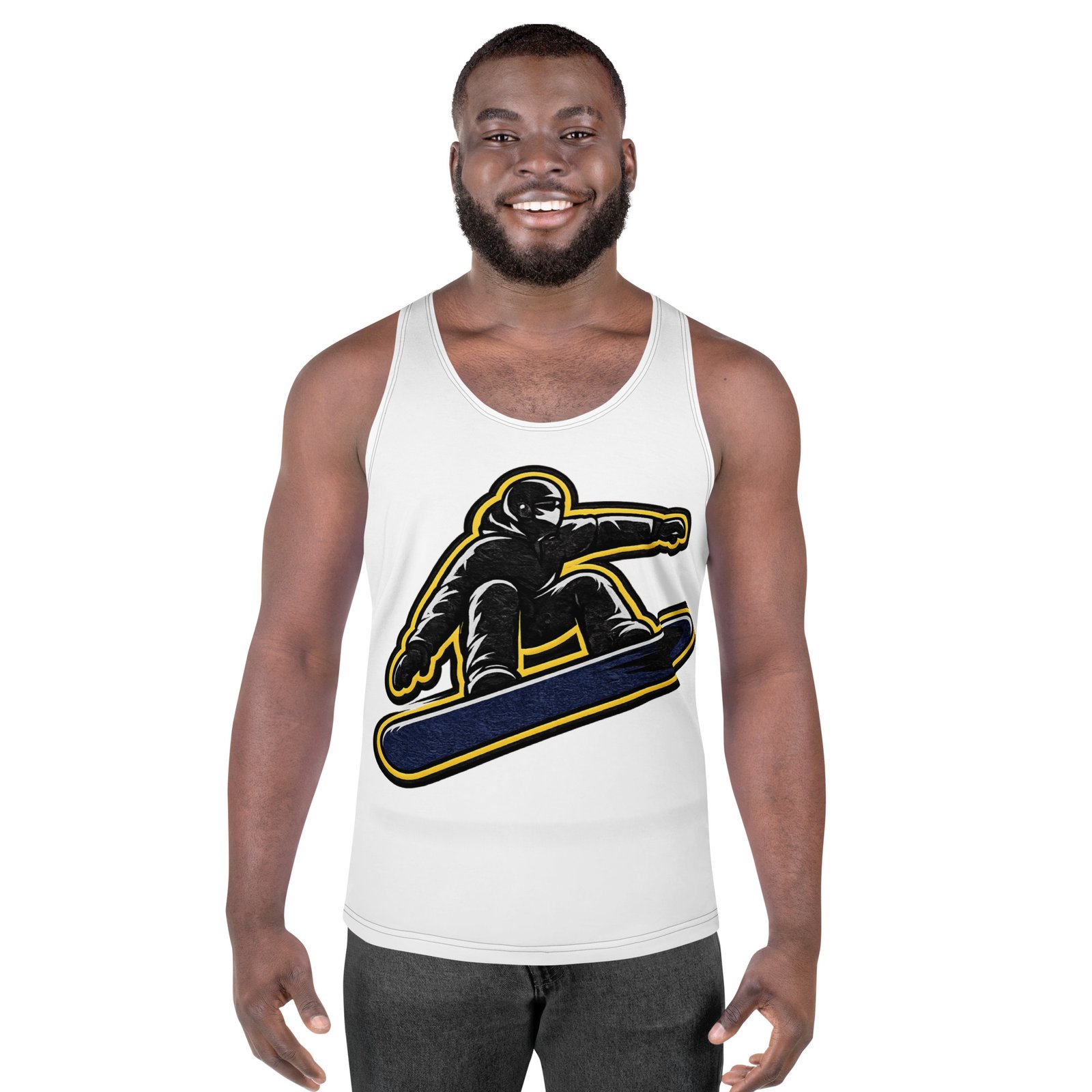 Męski tank top z grafiką snowboardzisty – biała koszulka męska bez rękawów dla miłośników snowboardu| Zarn.pl męski tank top z grafiką snowboardzisty