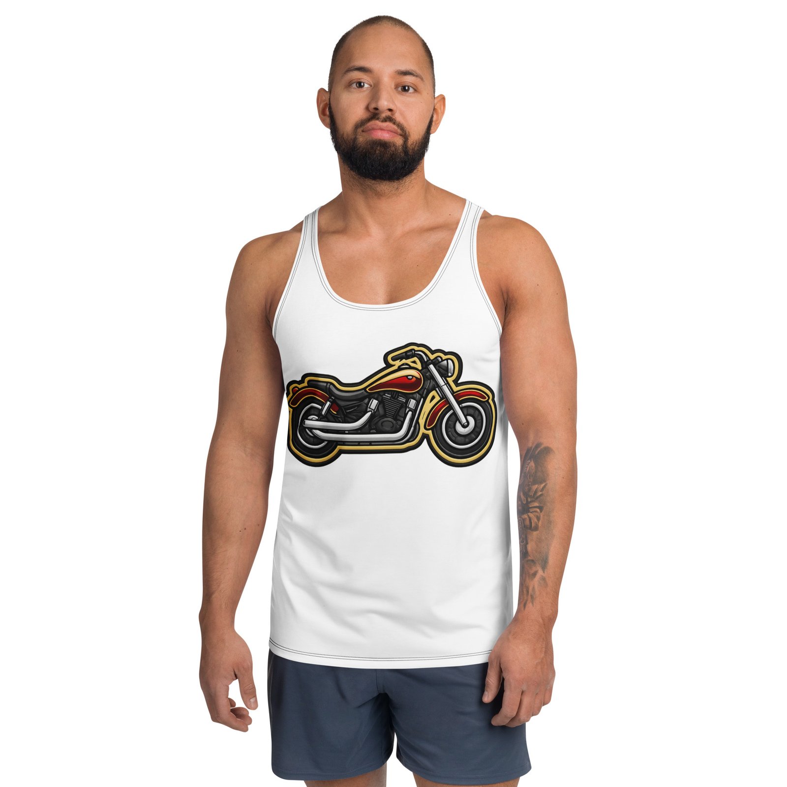 Męski tank top z grafiką motocykla cruiser – biała koszulka bez rękawów dla motocyklisty| Zarn.pl męski tank top z grafiką motocykla cruiser