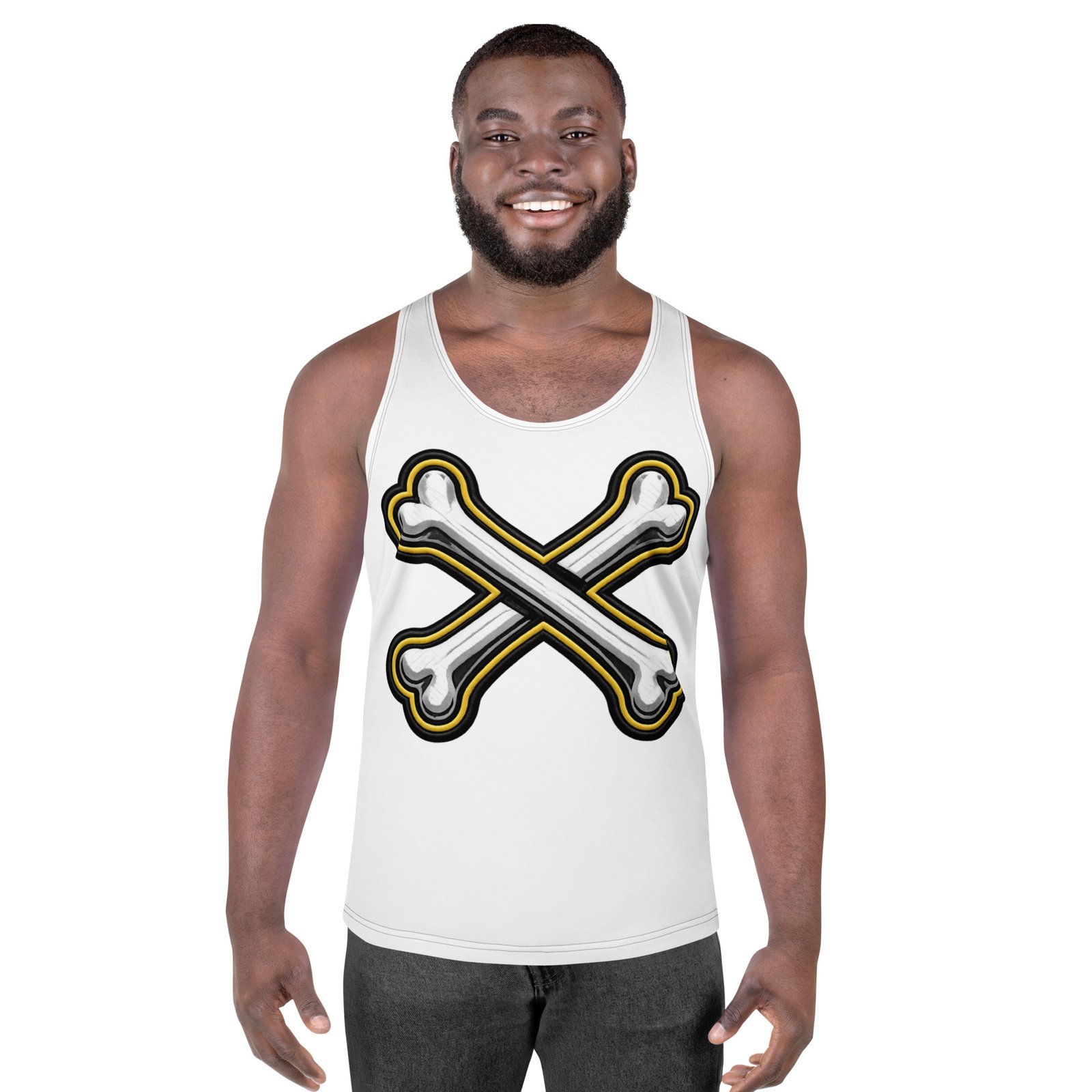 Męski tank top z grafiką skrzyżowanych kości – biała koszulka bez rękawów w stylu pirate| Zarn.pl męski tank top z grafiką skrzyżowanych kości