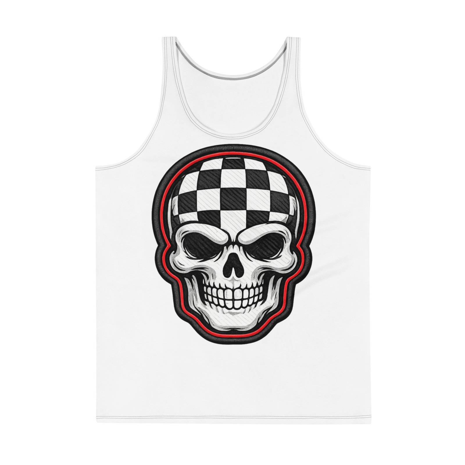 Męski tank top z grafiką czaszki w szachownicę – biała koszulka bez rękawów w stylu streetwear| Zarn.pl Męski tank top z grafiką czaszki w szachownicę – biała koszulka bez rękawów w stylu streetwear - obrazek 2