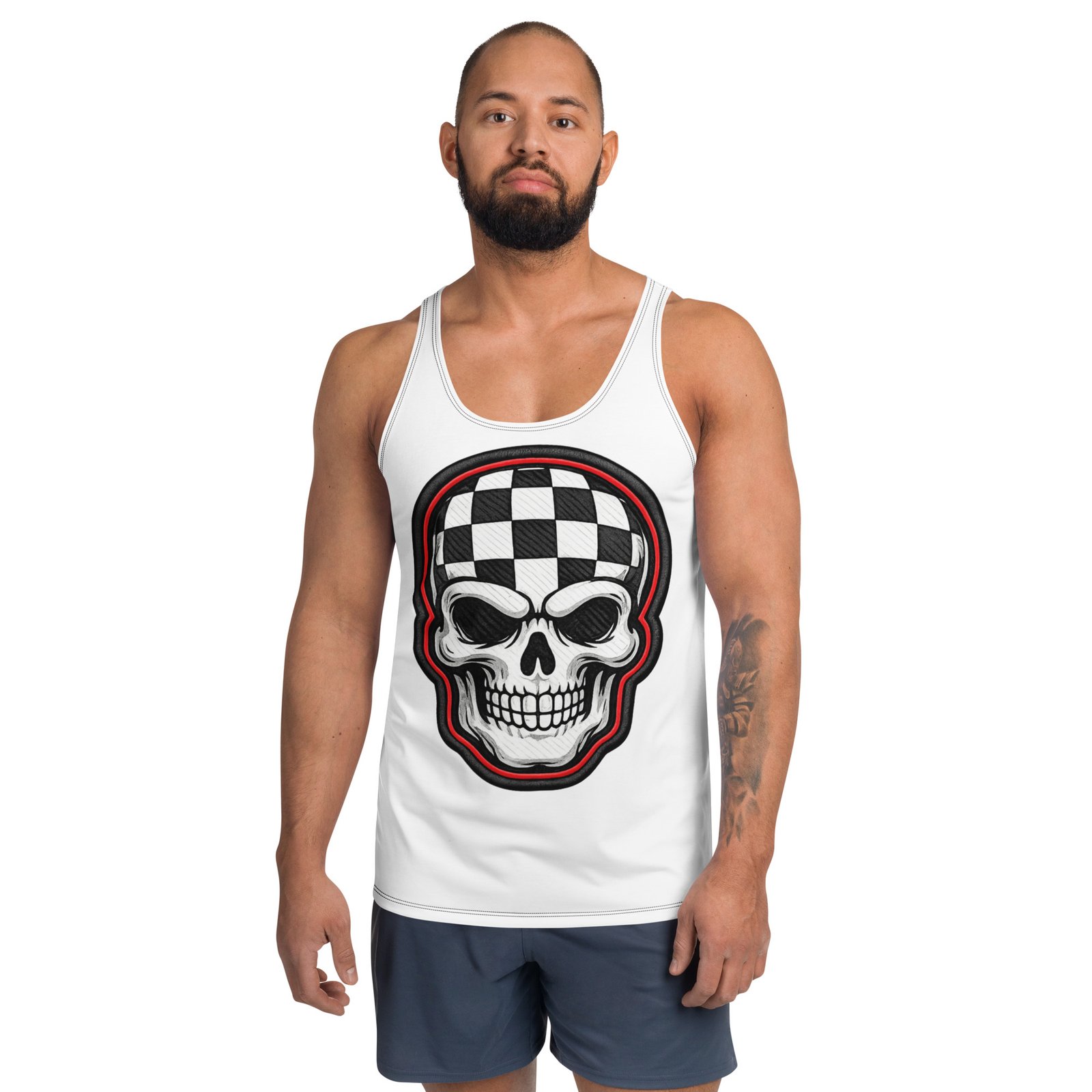 Męski tank top z grafiką czaszki w szachownicę – biała koszulka bez rękawów w stylu streetwear| Zarn.pl męski tank top z grafiką czaszki w szachownicę