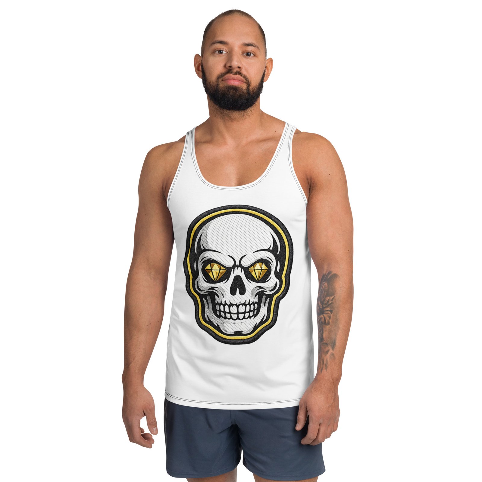 Męski tank top z czaszką i diamentowymi oczami – koszulka męska bez rękawów z grafiką czaszki| Zarn.pl koszulka męska bez rękawów z grafiką czaszki