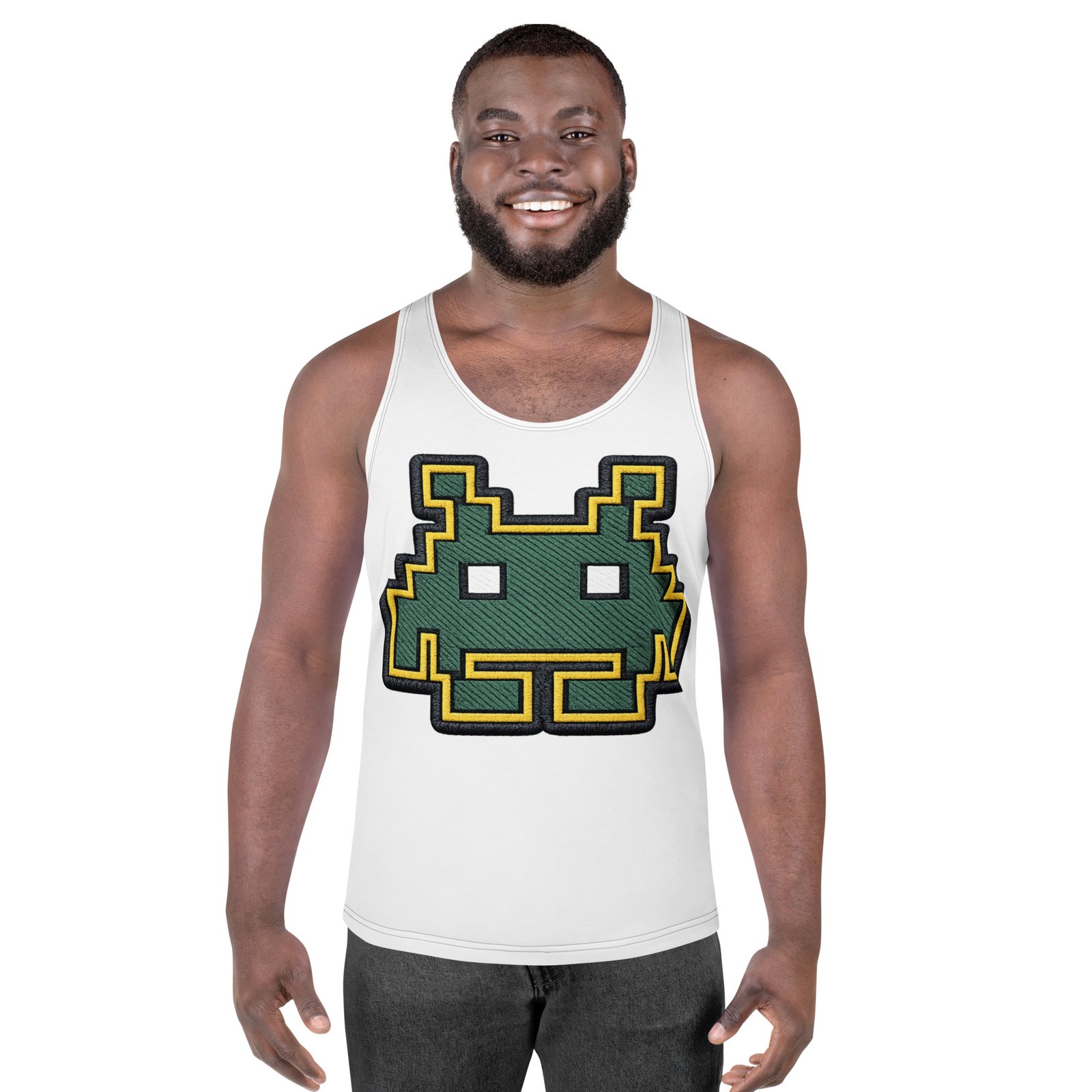 Męski tank top z pikselowym kosmitą – koszulka męska bez rękawów z grafiką retro arcade| Zarn.pl koszulka męska bez rękawów z grafiką retro arcade