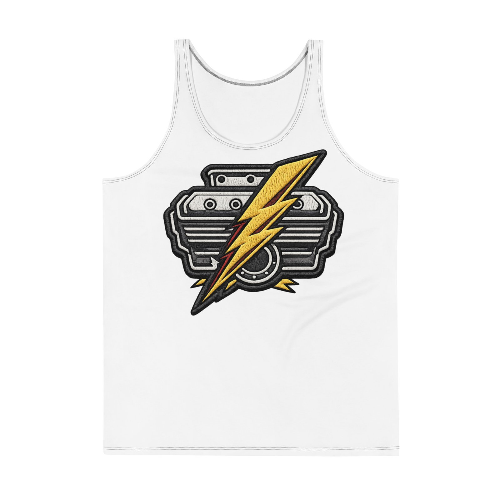 Męski tank top z grafiką silnika i błyskawicy – koszulka bez rękawów dla fanów motoryzacji| Zarn.pl Męski tank top z grafiką silnika i błyskawicy – koszulka bez rękawów dla fanów motoryzacji - obrazek 2