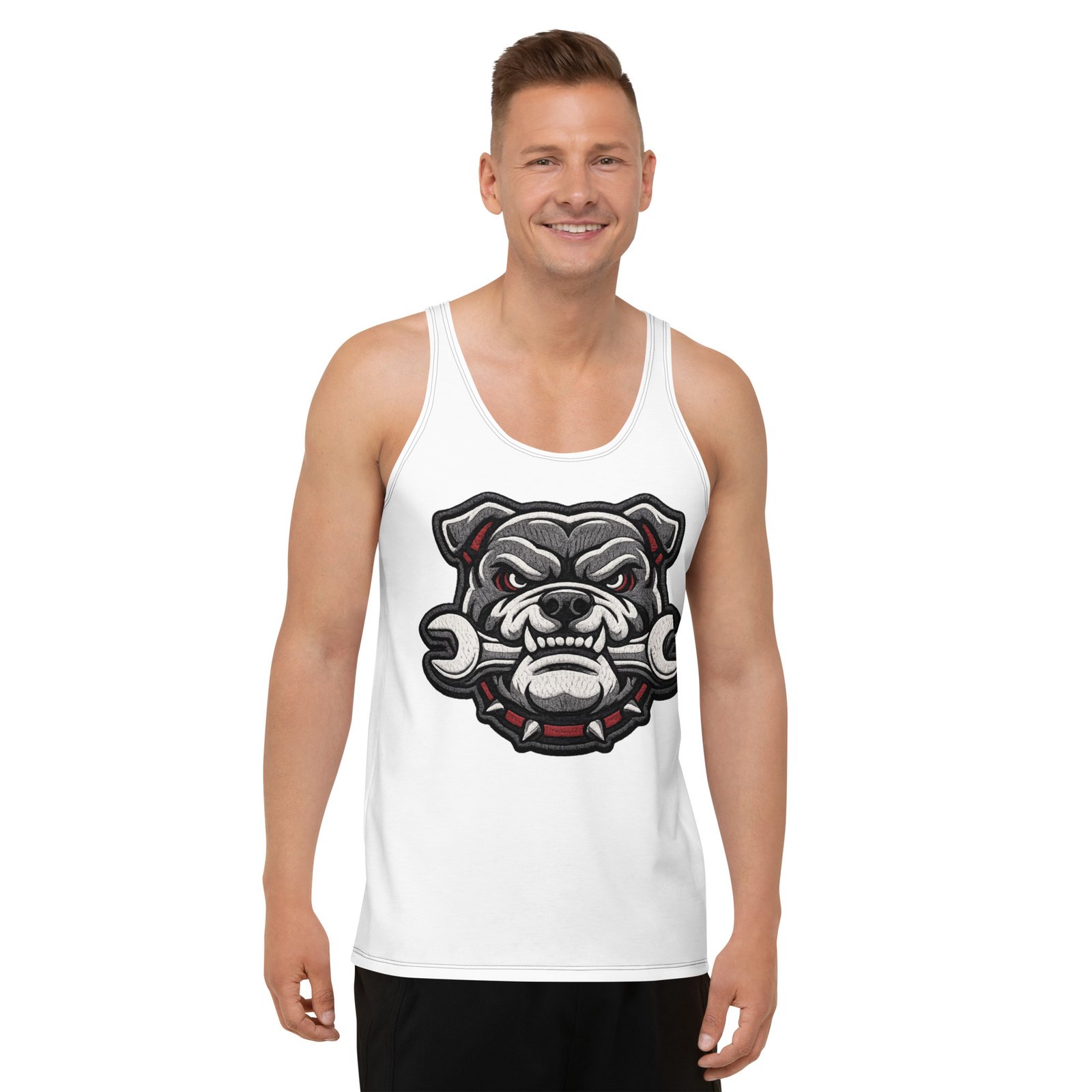 Męski tank top z grafiką groźnego buldoga z kluczem – sportowa koszulka męska bez rękawów| Zarn.pl męski tank top z grafiką groźnego buldoga z kluczem