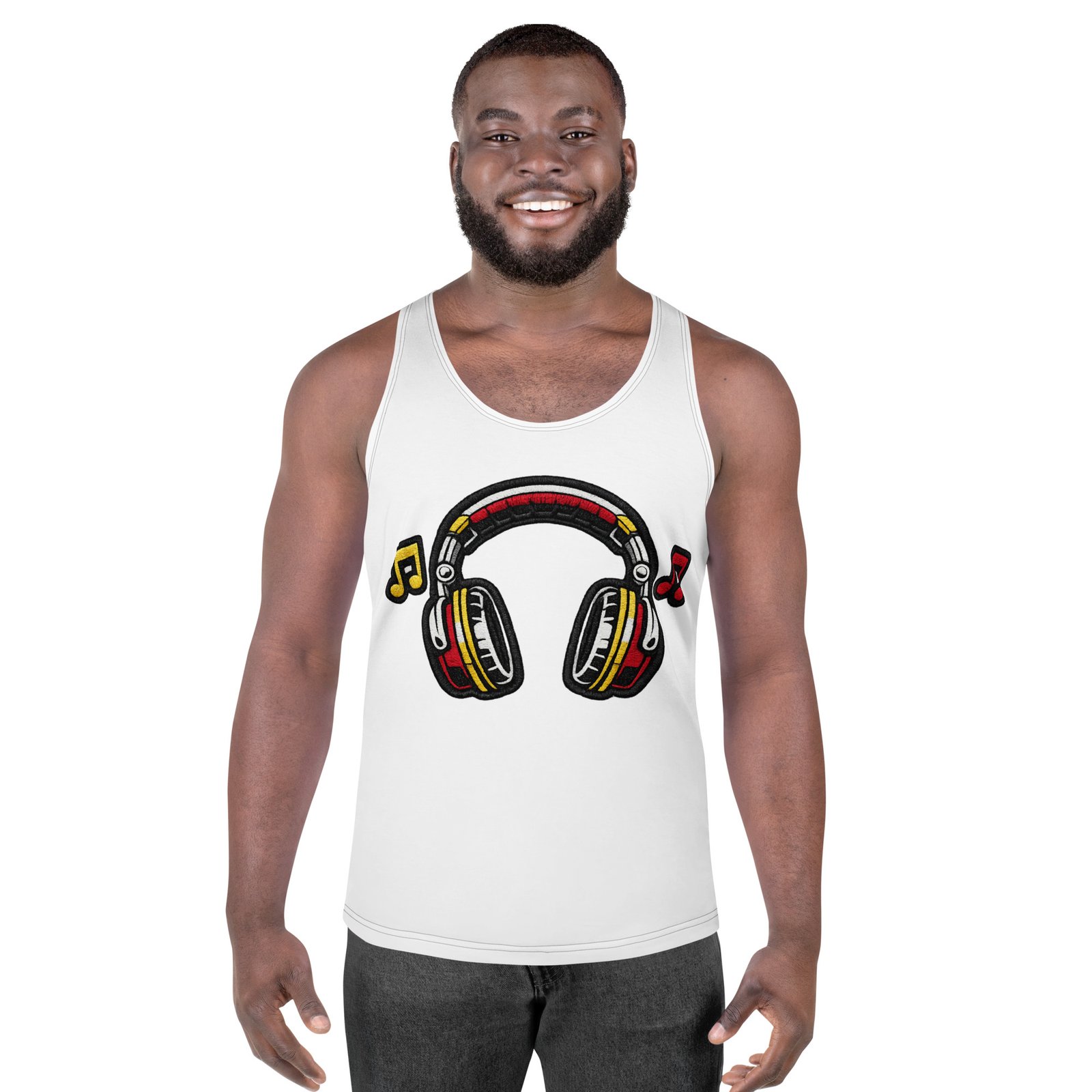 Męski tank top z grafiką słuchawek i nut muzycznych – koszulka bez rękawów dla miłośników muzyki| Zarn.pl męski tank top z grafiką słuchawek i nut muzycznych