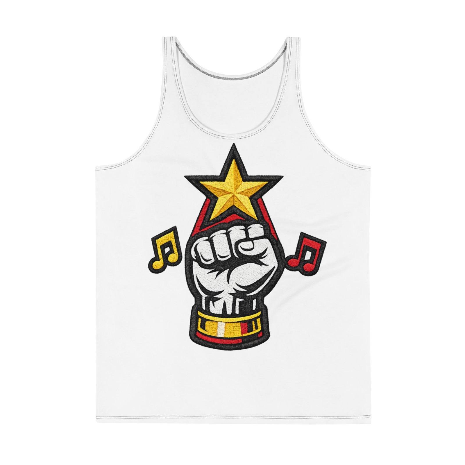 Męski tank top z grafiką zaciśniętej pięści i gwiazdy – koszulka bez rękawów z muzycznym motywem| Zarn.pl Męski tank top z grafiką zaciśniętej pięści i gwiazdy – koszulka bez rękawów z muzycznym motywem - obrazek 2