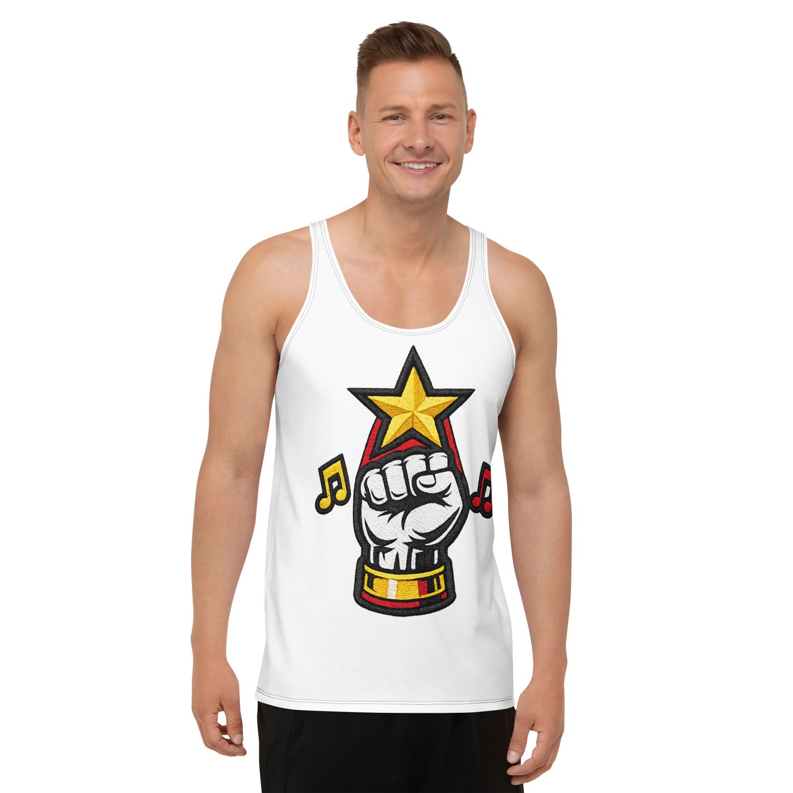 Męski tank top z grafiką zaciśniętej pięści i gwiazdy – koszulka bez rękawów z muzycznym motywem| Zarn.pl męski tank top z grafiką zaciśniętej pięści i gwiazdy