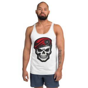 męski tank top z grafiką czaszki w czerwonym berecie
