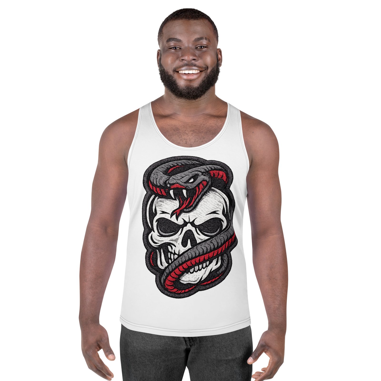 Męski tank top z czaszką i wężem – koszulka męska bez rękawów z grafiką czaszki oplecionej przez węża| Zarn.pl koszulka męska bez rękawów z grafiką czaszki oplecionej przez węża