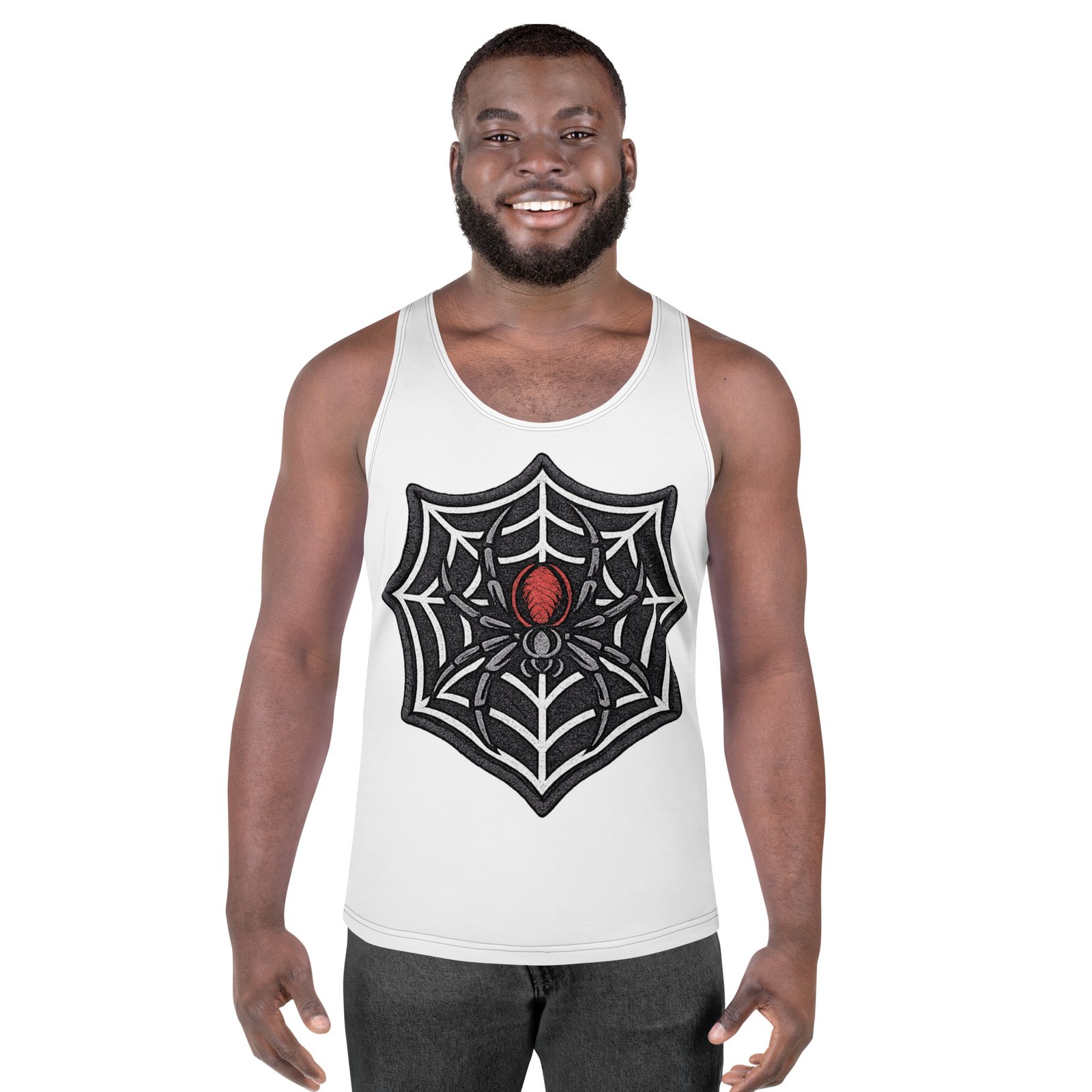 Męski tank top z pająkiem w pajęczynie – koszulka męska bez rękawów z grafiką pająka w pajęczynie| Zarn.pl koszulka męska bez rękawów z grafiką pająka w pajęczynie