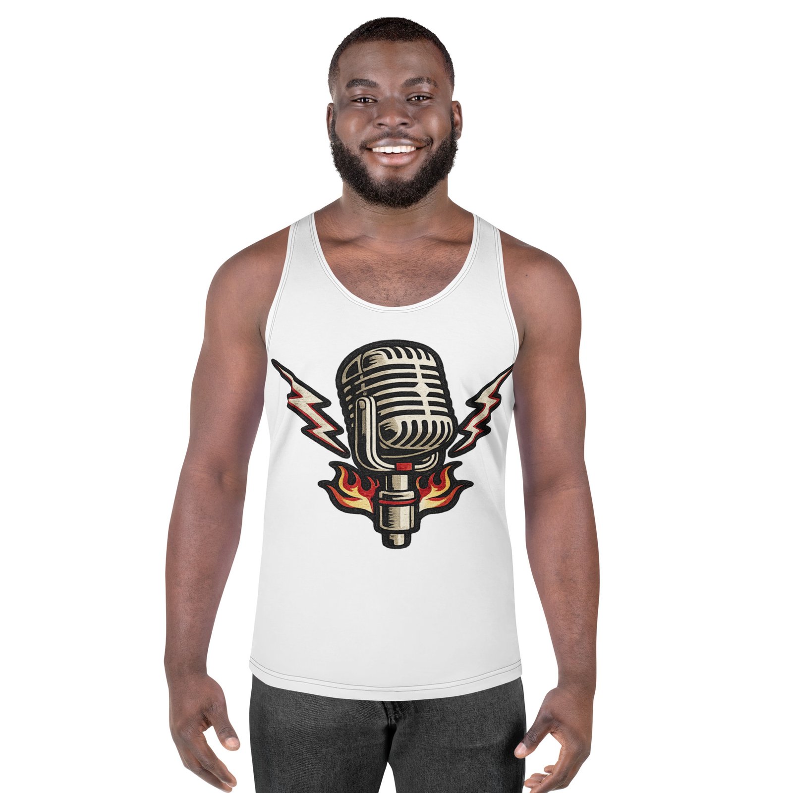 Męski tank top z grafiką retro mikrofonu – koszulka męska bez rękawów z mikrofonem vintage| Zarn.pl koszulka męska bez rękawów z mikrofonem vintage