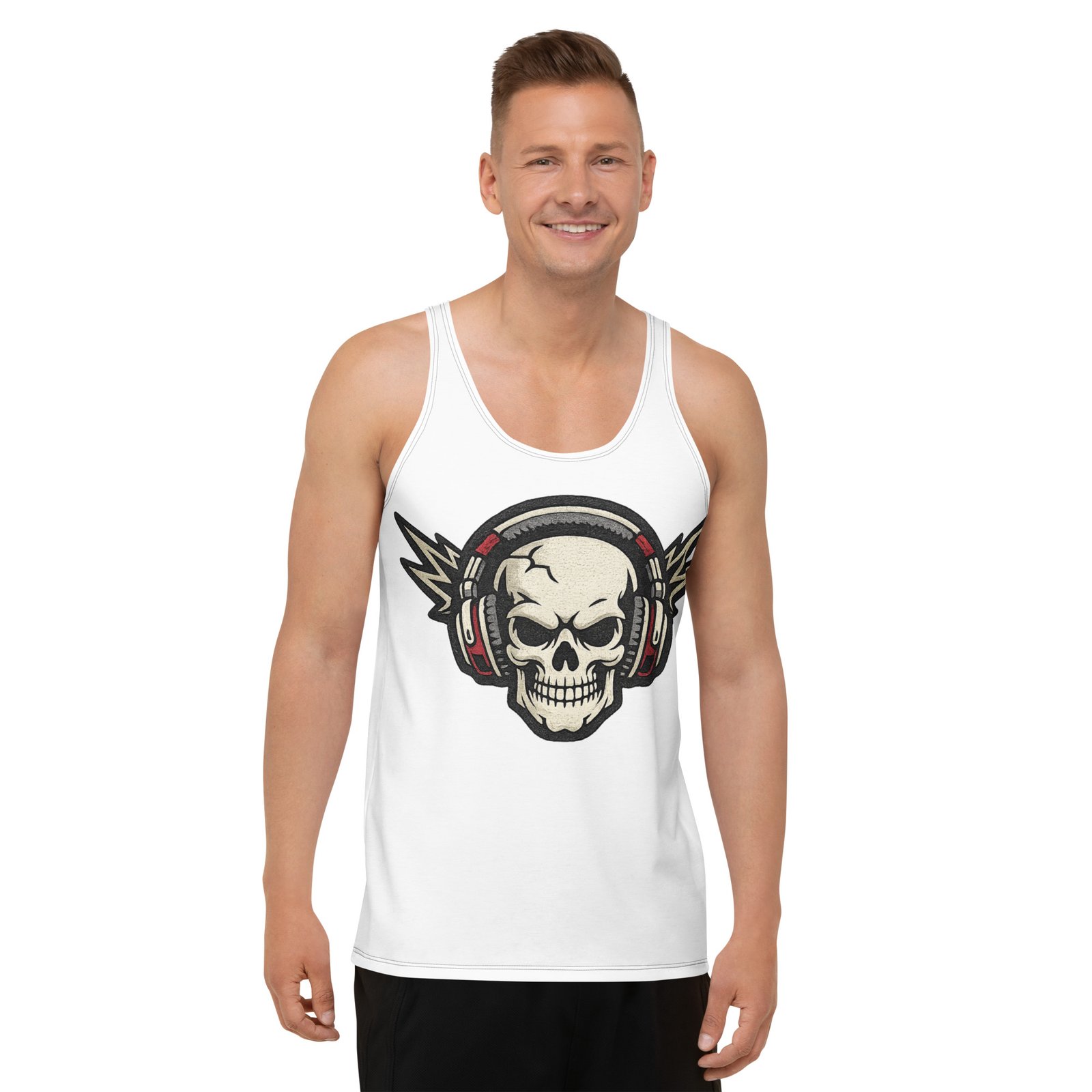 Męski tank top z grafiką czaszki w słuchawkach – koszulka męska bez rękawów z czaszką w słuchawkach| Zarn.pl koszulka męska bez rękawów z czaszką w słuchawkach
