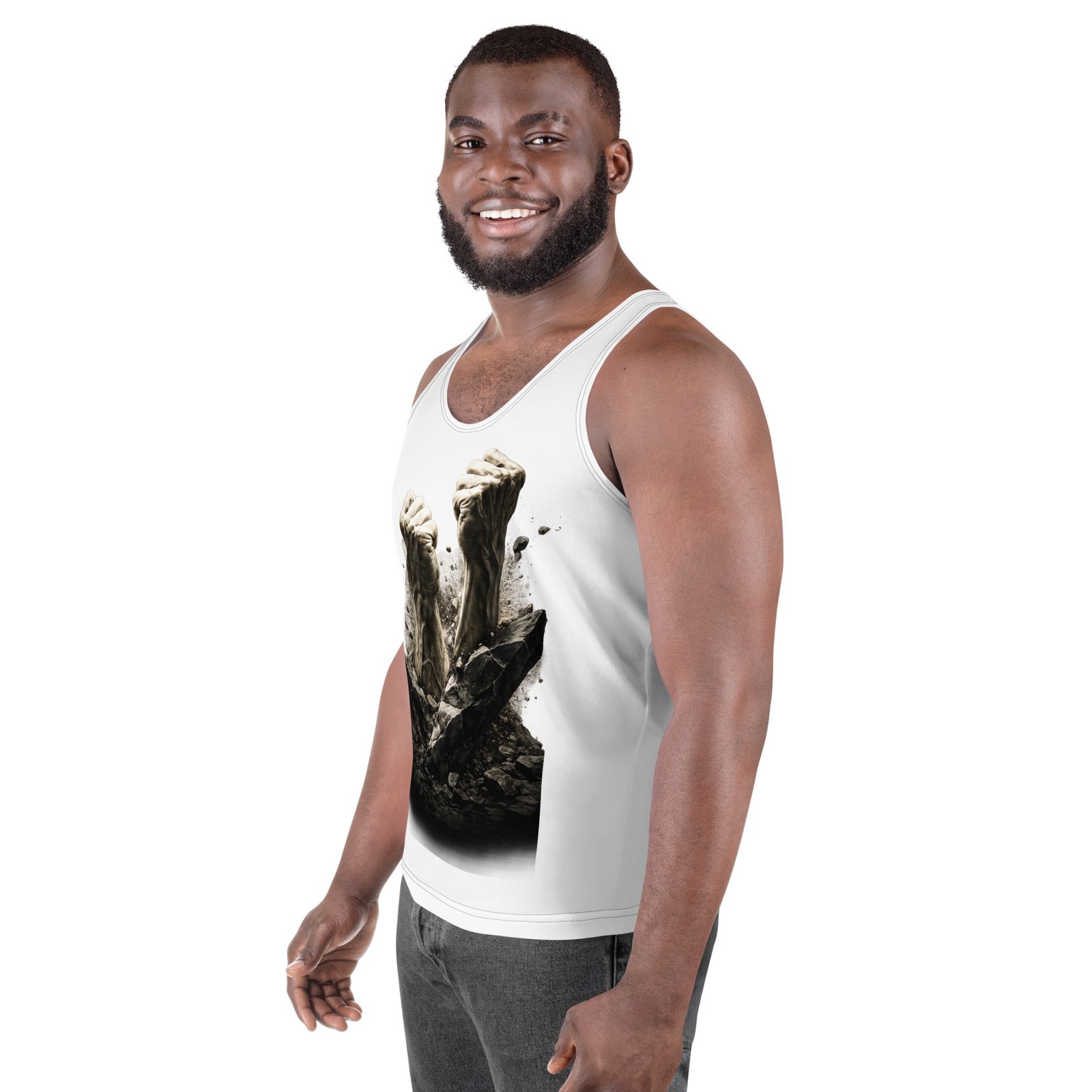 Męski tank top artystyczny „Siła Przebicia” – koszulka męska bez rękawów z grafiką przebijających się pięści| Zarn.pl Męski tank top artystyczny „Siła Przebicia” – koszulka męska bez rękawów z grafiką przebijających się pięści - obrazek 5