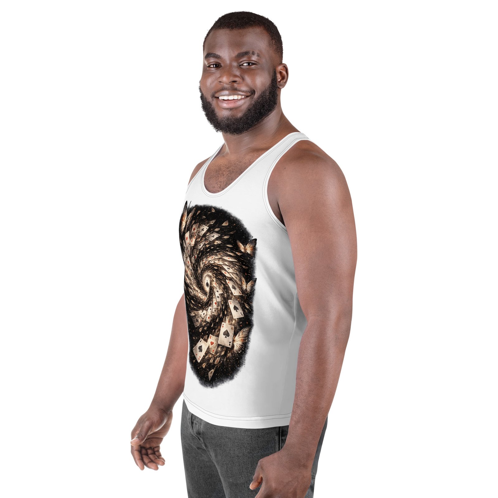 Męski tank top artystyczny „Wir Kart Przeznaczenia” – koszulka męska bez rękawów z grafiką wirujących kart do gry| Zarn.pl Męski tank top artystyczny „Wir Kart Przeznaczenia” – koszulka męska bez rękawów z grafiką wirujących kart do gry - obrazek 5