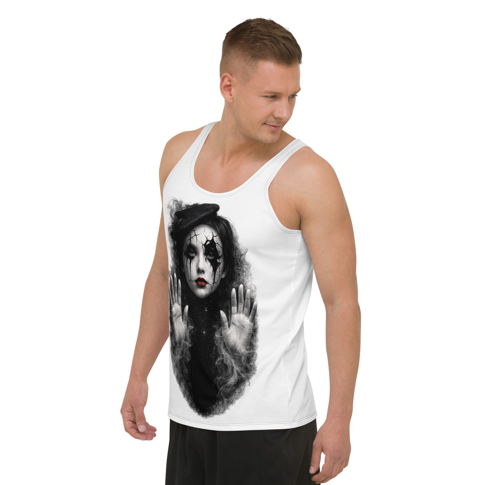 Męski tank top artystyczny „Pęknięta Marionetka” – koszulka męska bez rękawów z grafiką tajemniczej kobiety| Zarn.pl Męski tank top artystyczny „Pęknięta Marionetka” – koszulka męska bez rękawów z grafiką tajemniczej kobiety - obrazek 5