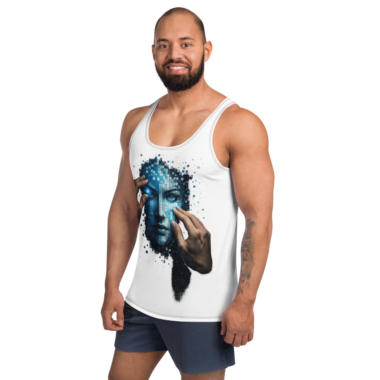 Męski tank top artystyczny „Cyfrowa Tożsamość” – koszulka męska bez rękawów z grafiką futurystycznej twarzy AI| Zarn.pl Męski tank top artystyczny „Cyfrowa Tożsamość” – koszulka męska bez rękawów z grafiką futurystycznej twarzy AI - obrazek 5