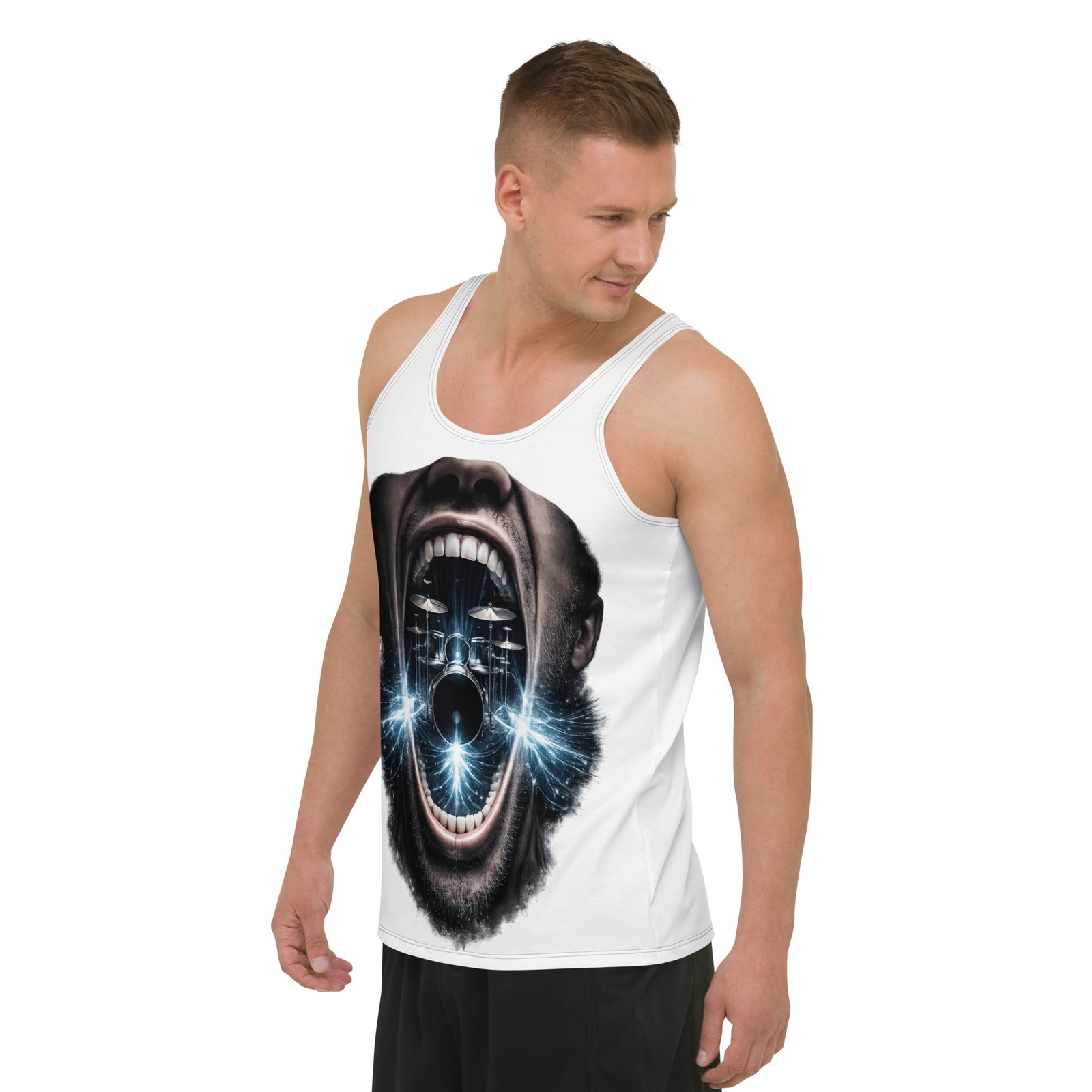 Męski tank top artystyczny „Krzyk Muzyki” – koszulka męska bez rękawów z grafiką otwartych ust i perkusji| Zarn.pl Męski tank top artystyczny „Krzyk Muzyki” – koszulka męska bez rękawów z grafiką otwartych ust i perkusji - obrazek 5