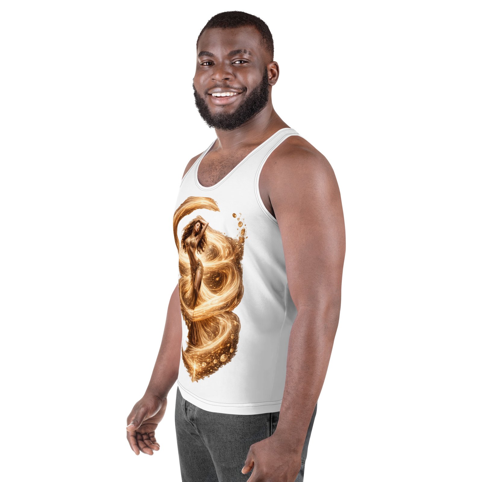 Męski tank top artystyczny „Złoty Taniec Żywiołu” – koszulka męska bez rękawów z grafiką tańczącej kobiety| Zarn.pl Męski tank top artystyczny „Złoty Taniec Żywiołu” – koszulka męska bez rękawów z grafiką tańczącej kobiety - obrazek 5