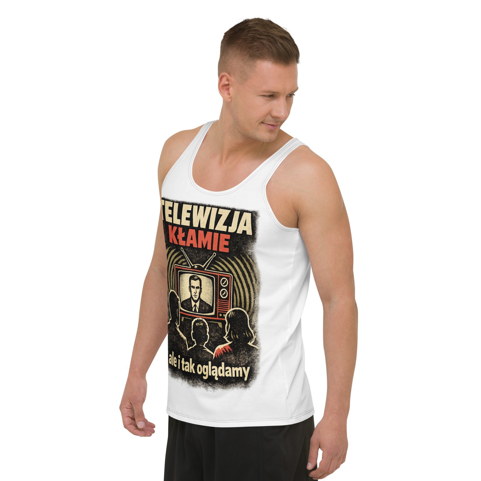 Męski tank top „Telewizja kłamie, ale i tak oglądamy” – męska koszulka bez rękawów PRL z ironiczną grafiką| Zarn.pl Męski tank top „Telewizja kłamie, ale i tak oglądamy” – męska koszulka bez rękawów PRL z ironiczną grafiką - obrazek 5