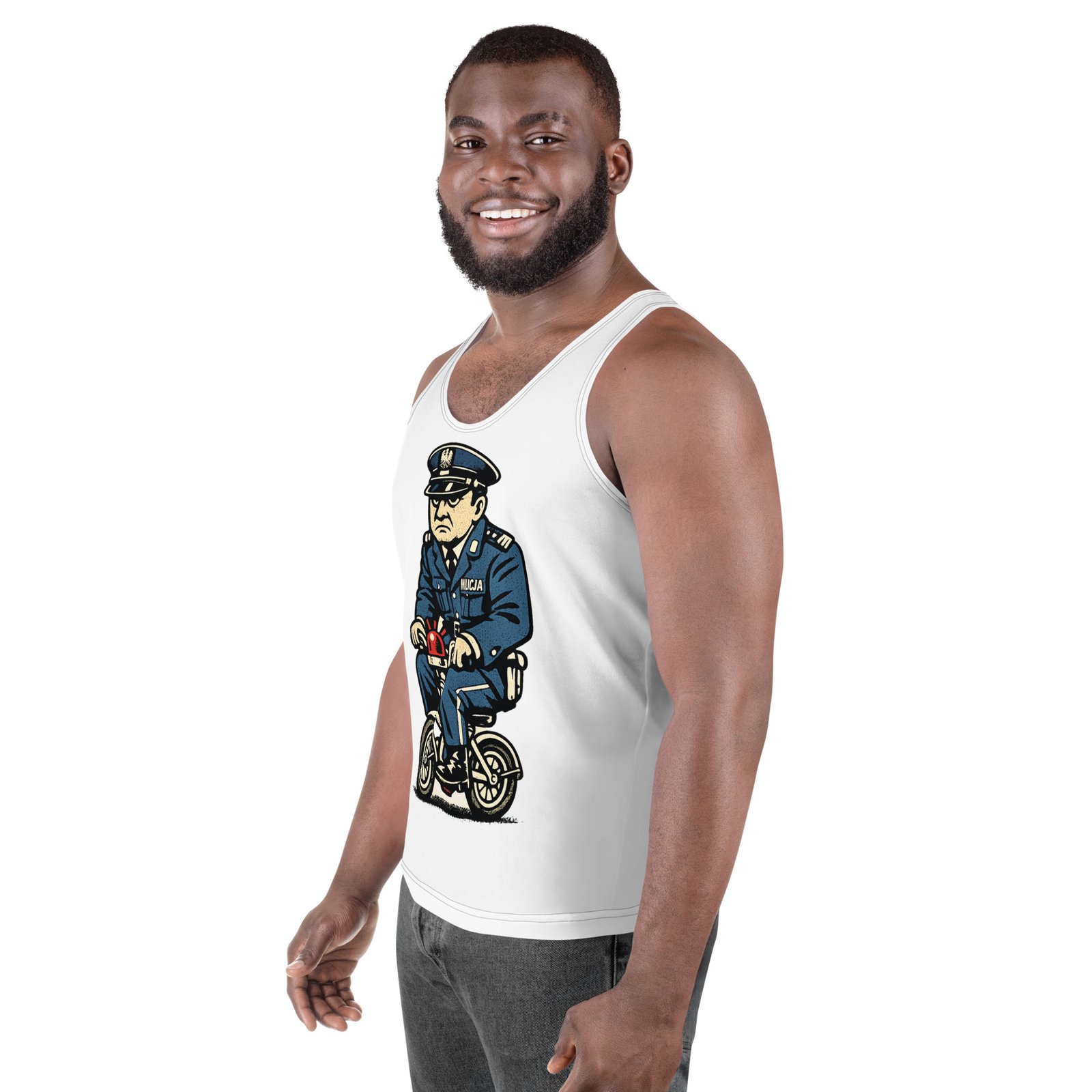 Męski tank top „Milicjant na rowerku” – męska koszulka bez rękawów PRL z humorystyczną grafiką| Zarn.pl Męski tank top „Milicjant na rowerku” – męska koszulka bez rękawów PRL z humorystyczną grafiką - obrazek 5