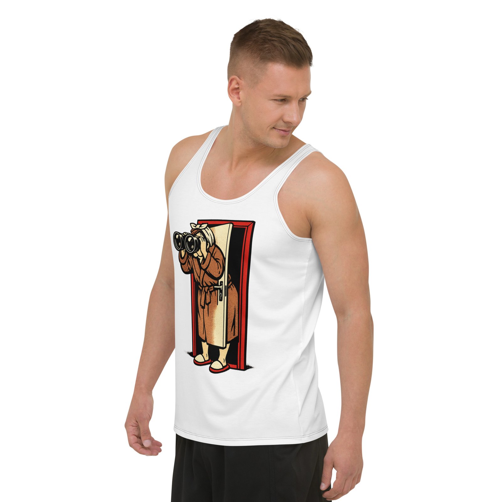 Męski tank top „Ciekawska sąsiadka” – męska koszulka bez rękawów PRL z humorystyczną grafiką| Zarn.pl Męski tank top „Ciekawska sąsiadka” – męska koszulka bez rękawów PRL z humorystyczną grafiką - obrazek 5