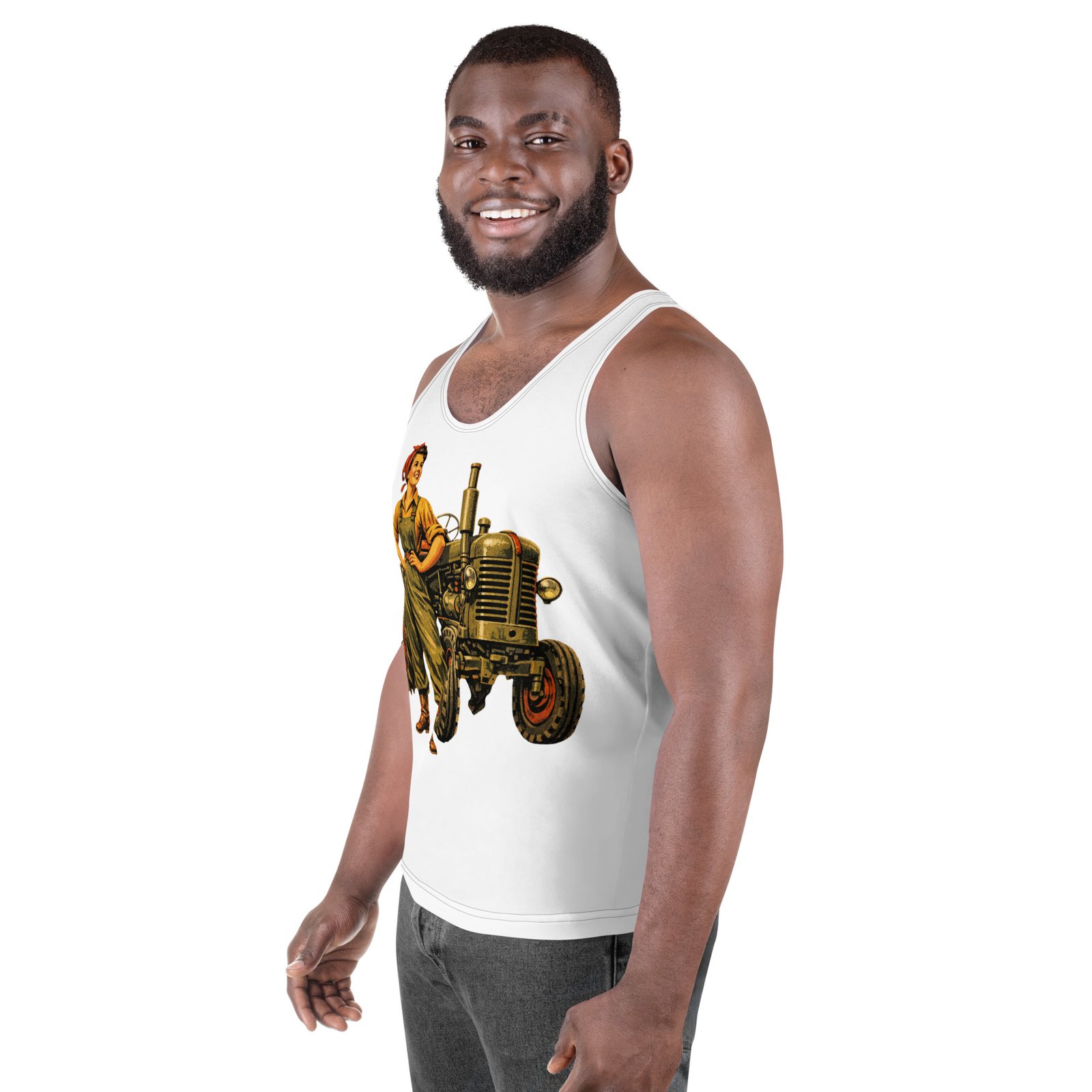 Męski tank top „Traktorzystka PRL” – męska koszulka bez rękawów z grafiką kobiety i ciągnika| Zarn.pl Męski tank top „Traktorzystka PRL” – męska koszulka bez rękawów z grafiką kobiety i ciągnika - obrazek 5