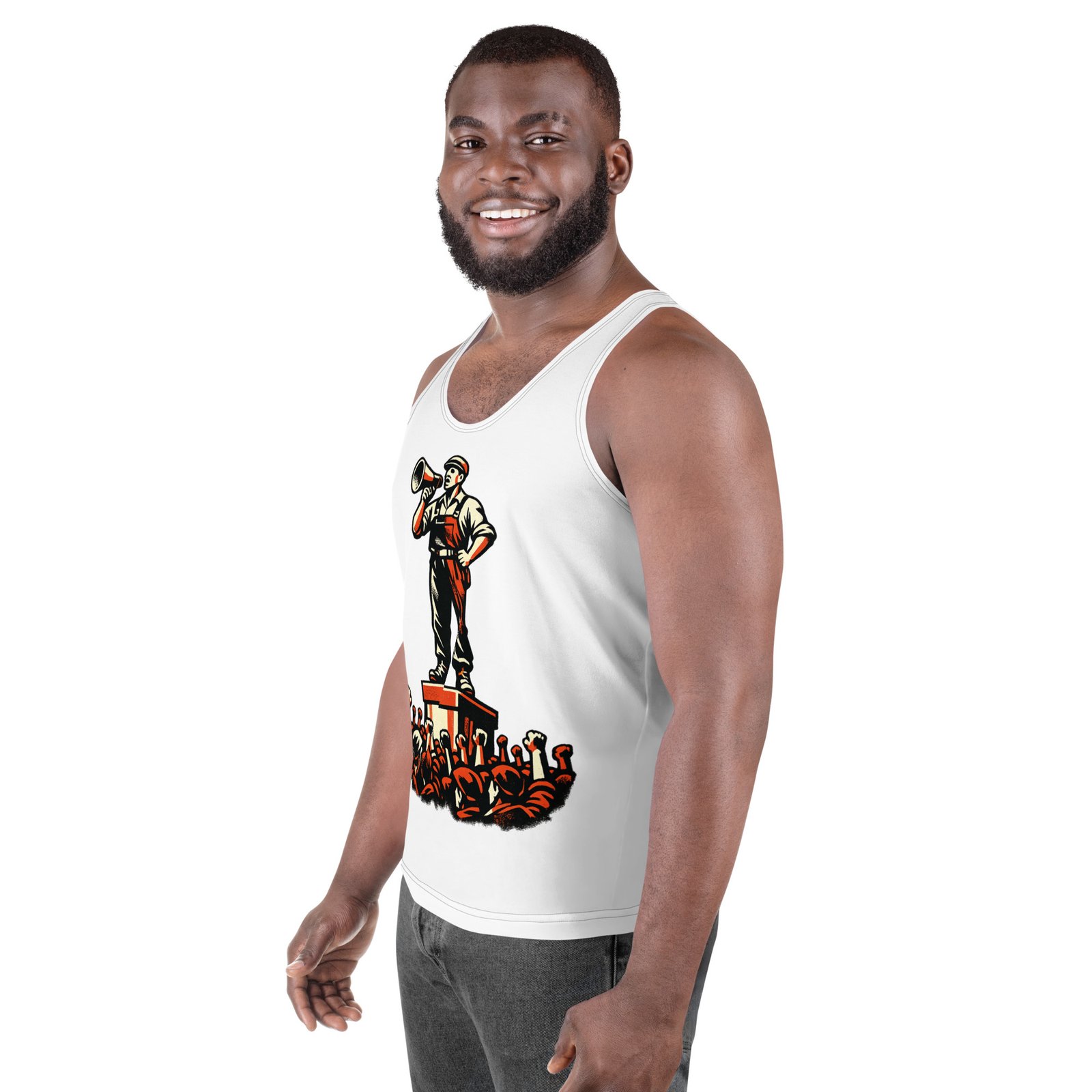 Męski tank top „Robotnik z megafonem” – męska koszulka bez rękawów PRL z propagandową grafiką| Zarn.pl Męski tank top „Robotnik z megafonem” – męska koszulka bez rękawów PRL z propagandową grafiką - obrazek 5