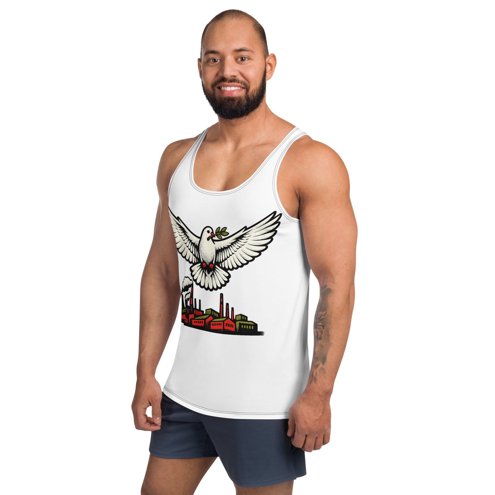 Męski tank top „Gołąb pokoju nad fabryką” – męska koszulka bez rękawów PRL z grafiką retro| Zarn.pl Męski tank top „Gołąb pokoju nad fabryką” – męska koszulka bez rękawów PRL z grafiką retro - obrazek 5