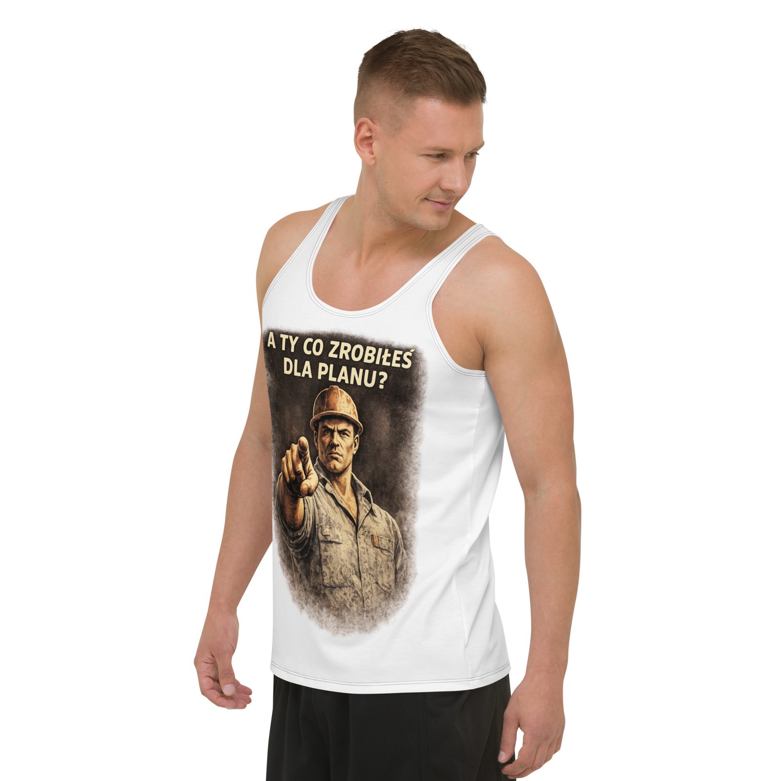Męski tank top „A Ty co zrobiłeś dla planu?” – koszulka bez rękawów PRL z grafiką retro| Zarn.pl Męski tank top „A Ty co zrobiłeś dla planu?” – koszulka bez rękawów PRL z grafiką retro - obrazek 5