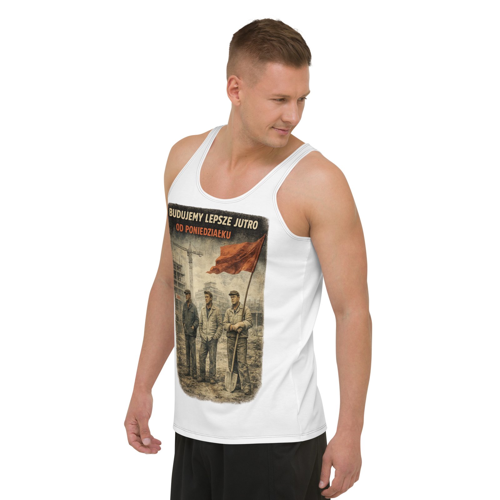 Męski tank top „Budujemy lepsze jutro od poniedziałku” – koszulka bez rękawów PRL| Zarn.pl Męski tank top „Budujemy lepsze jutro od poniedziałku” – koszulka bez rękawów PRL - obrazek 5