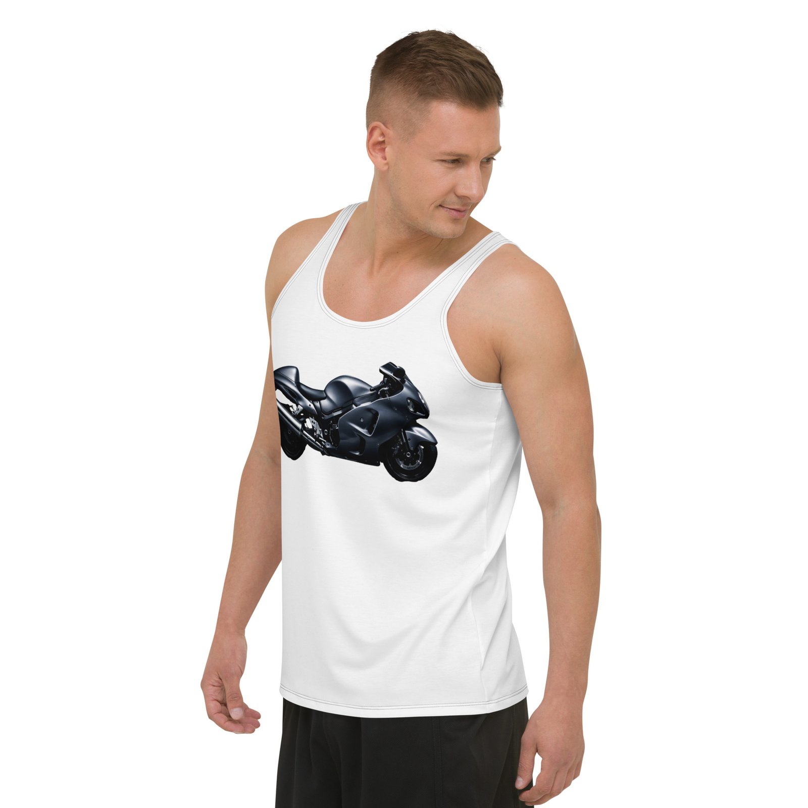 Męski tank top „Czarny Motocykl Sportowy” – koszulka męska bez rękawów z grafiką czarnego motocykla sportowego| Zarn.pl Męski tank top „Czarny Motocykl Sportowy” – koszulka męska bez rękawów z grafiką czarnego motocykla sportowego - obrazek 5