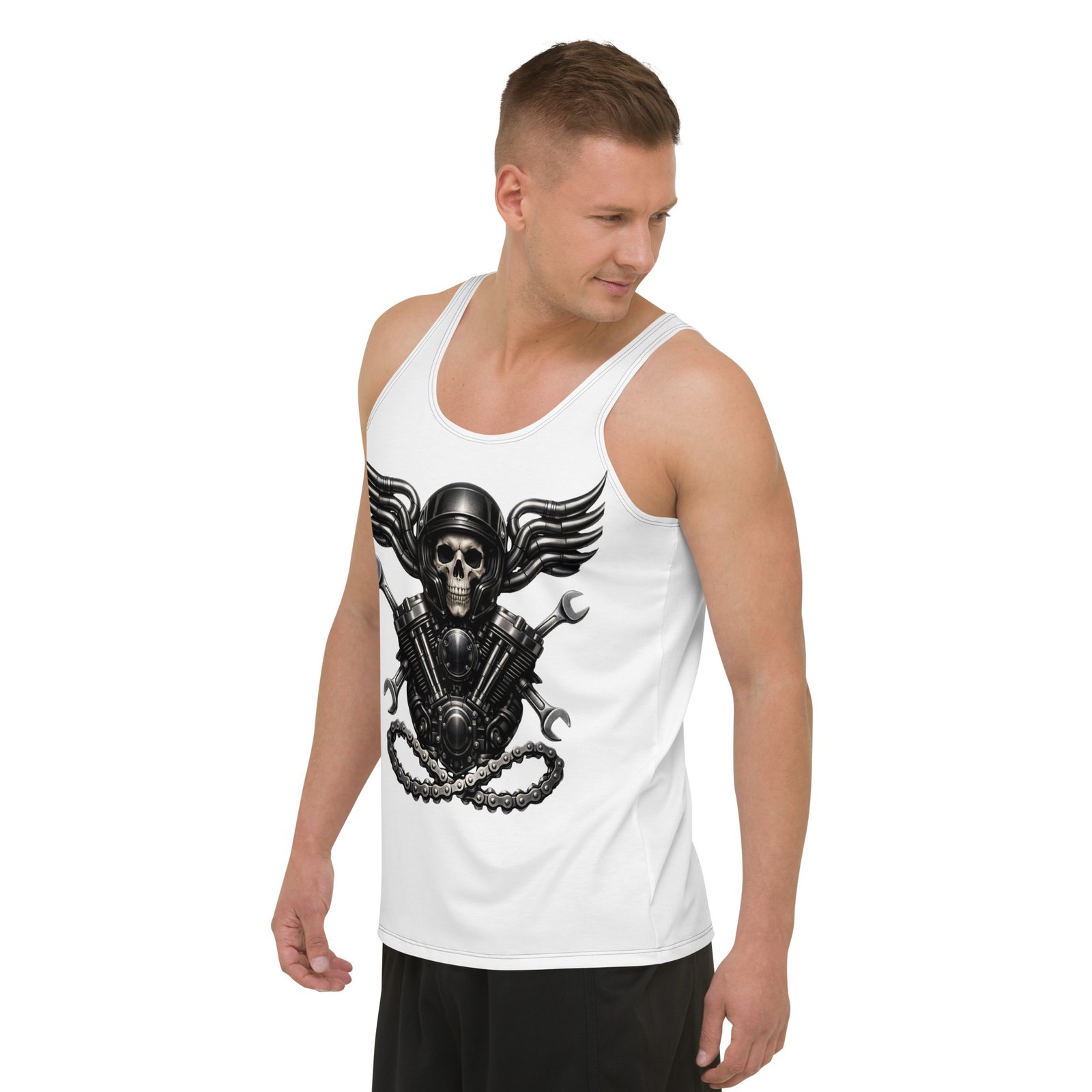 Męski tank top „Mechaniczna Czaszka” – koszulka męska bez rękawów z grafiką czaszki w kasku i silnika V-Twin| Zarn.pl Męski tank top „Mechaniczna Czaszka” – koszulka męska bez rękawów z grafiką czaszki w kasku i silnika V-Twin - obrazek 5