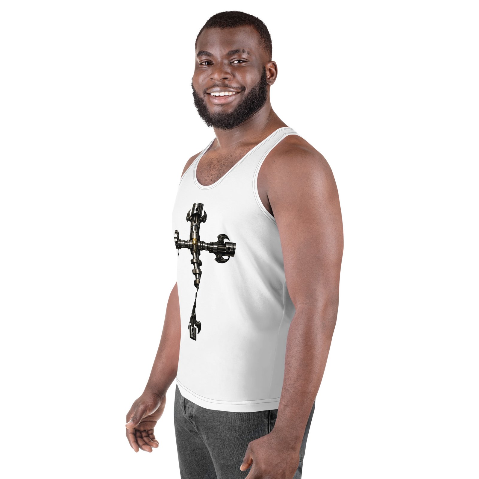 Męski tank top „Mechaniczny Krzyż” – koszulka męska bez rękawów z grafiką krzyża z wału korbowego| Zarn.pl Męski tank top „Mechaniczny Krzyż” – koszulka męska bez rękawów z grafiką krzyża z wału korbowego - obrazek 5