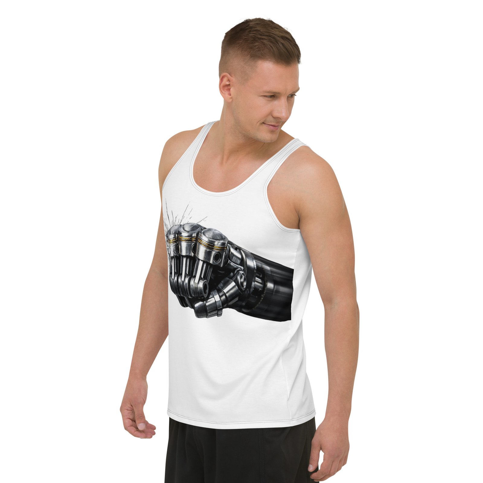 Męski tank top „Mechaniczna Pięść” – koszulka męska bez rękawów z grafiką pięści z tłoków silnika| Zarn.pl Męski tank top „Mechaniczna Pięść” – koszulka męska bez rękawów z grafiką pięści z tłoków silnika - obrazek 5