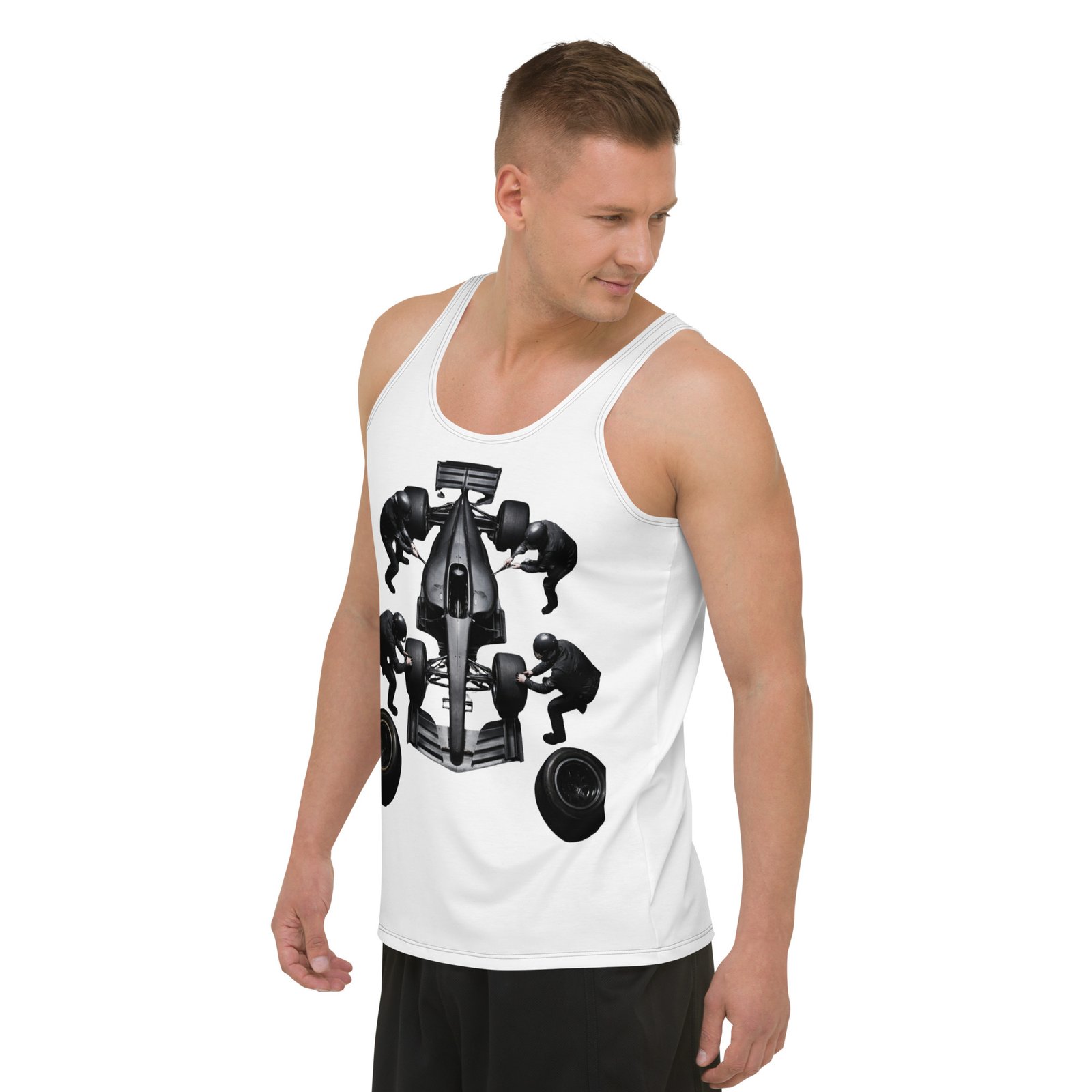 Męski tank top „Pit Stop Formula” – koszulka męska bez rękawów z grafiką bolidu wyścigowego| Zarn.pl Męski tank top „Pit Stop Formula” – koszulka męska bez rękawów z grafiką bolidu wyścigowego - obrazek 5