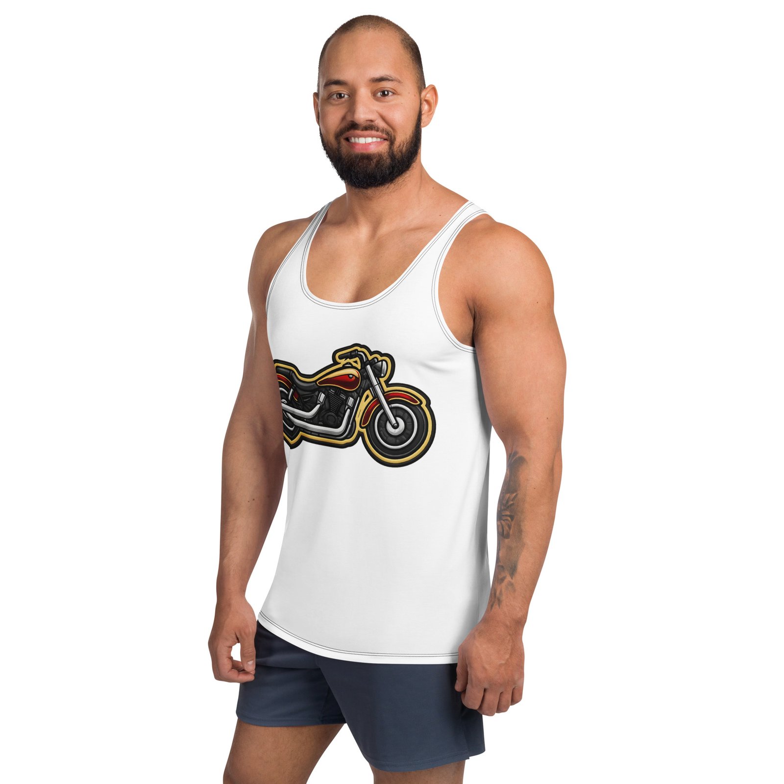 Męski tank top z grafiką motocykla cruiser – biała koszulka bez rękawów dla motocyklisty| Zarn.pl Męski tank top z grafiką motocykla cruiser – biała koszulka bez rękawów dla motocyklisty - obrazek 5