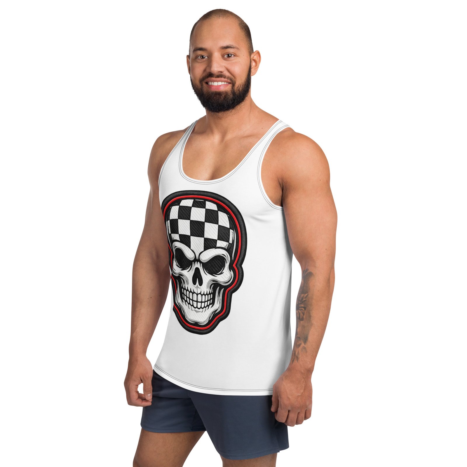 Męski tank top z grafiką czaszki w szachownicę – biała koszulka bez rękawów w stylu streetwear| Zarn.pl Męski tank top z grafiką czaszki w szachownicę – biała koszulka bez rękawów w stylu streetwear - obrazek 5