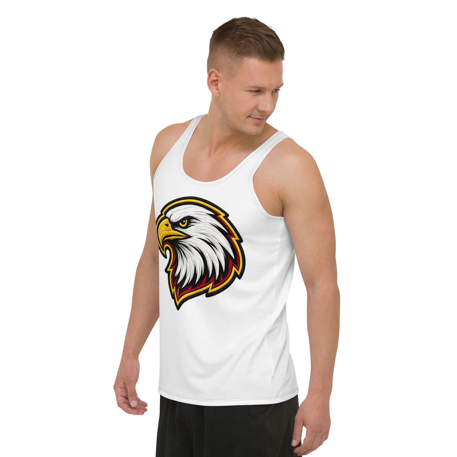 Męski tank top z grafiką głowy bielika amerykańskiego – biała koszulka bez rękawów w stylu patriotycznym| Zarn.pl Męski tank top z grafiką głowy bielika amerykańskiego – biała koszulka bez rękawów w stylu patriotycznym - obrazek 5
